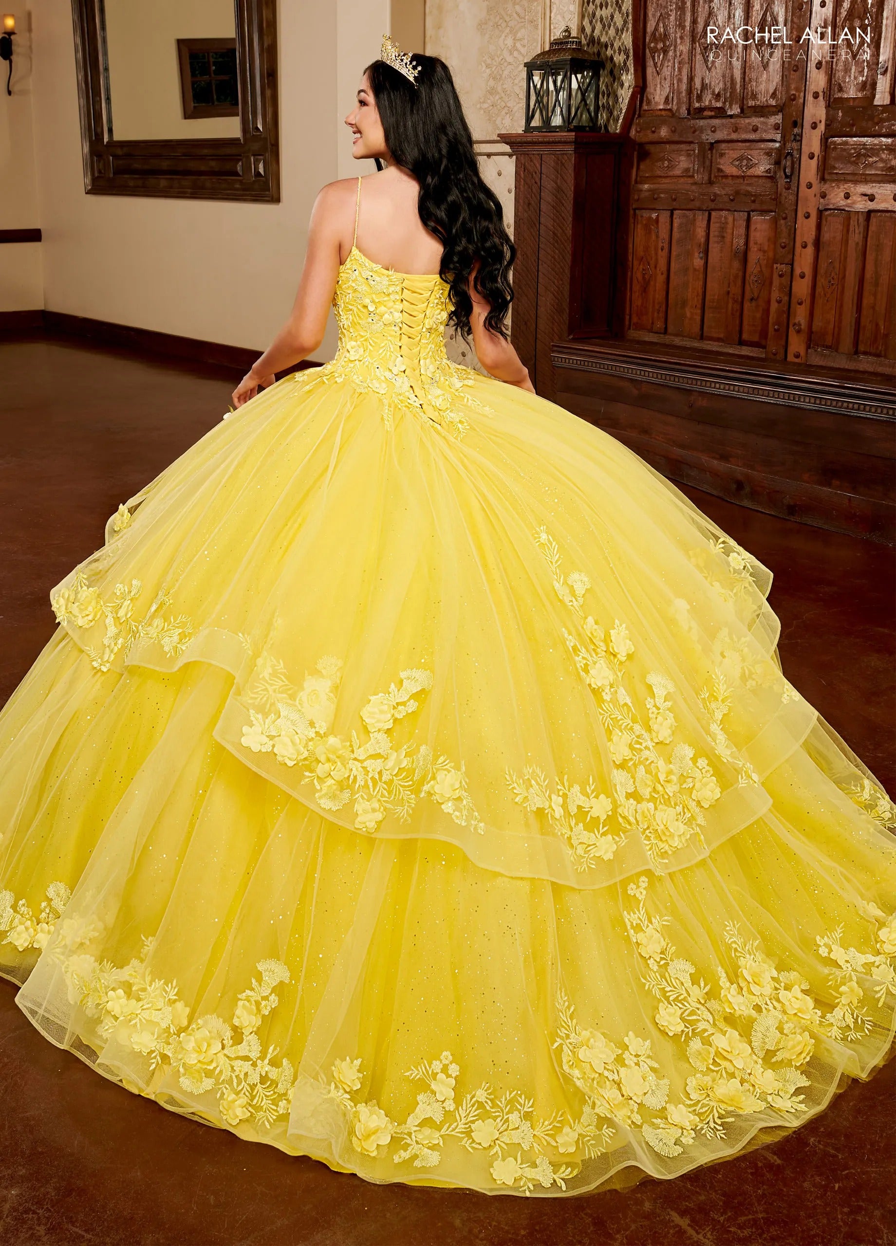 Yellow Sweetheart Floor Length Glitter Tulle Quinceanera Ball Gown with 3D Floral Appliques Rachel Allan MQ3098