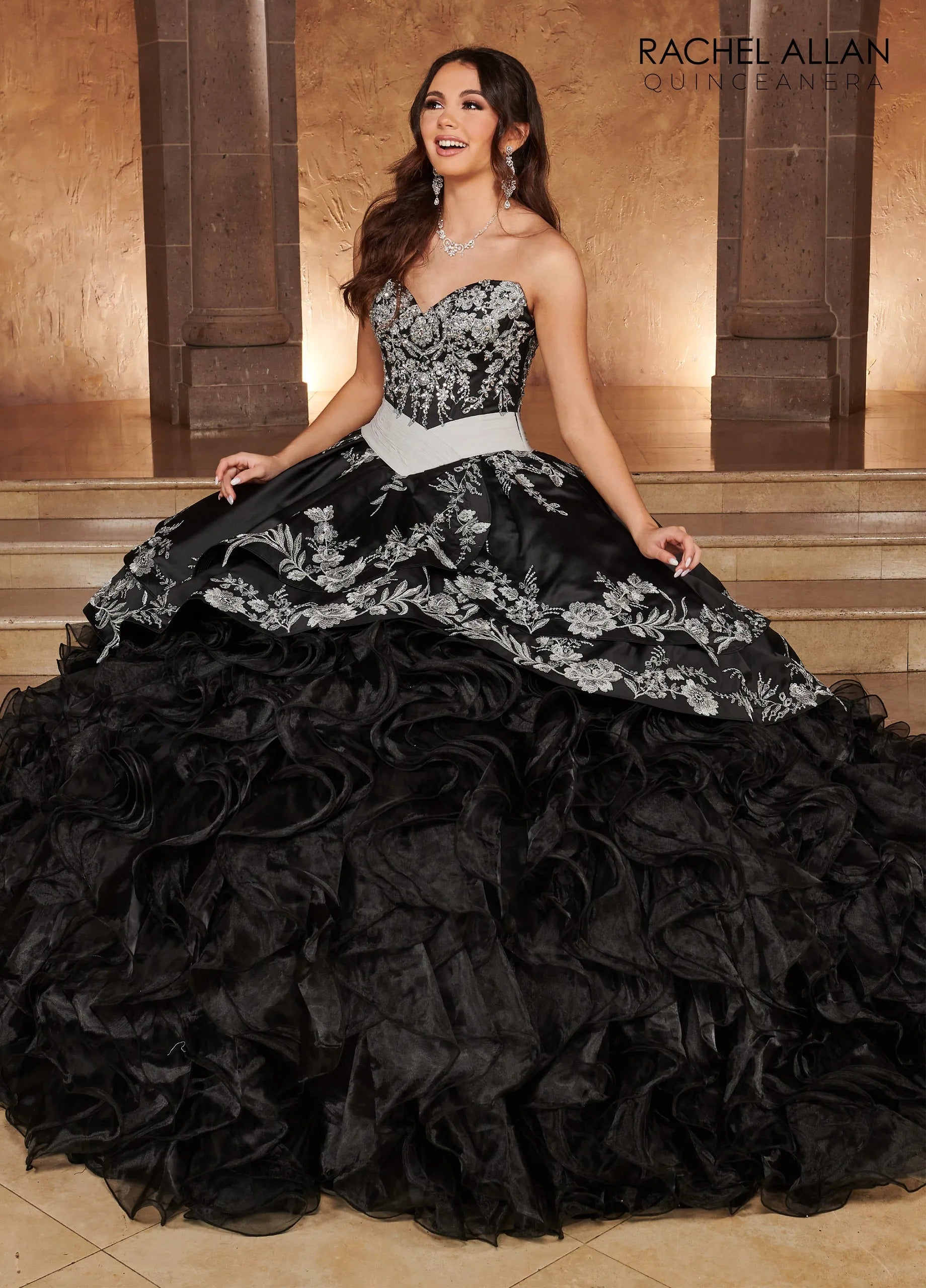 Black Silver Sweetheart Floor Length Satin Quinceanera Ball Gown with Ruffle Skirt Rachel Allan RQ3104