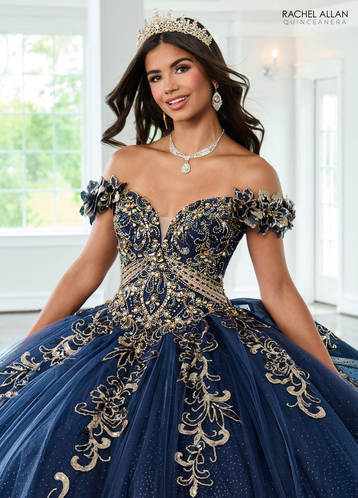 Quinceniera Dresses Long Ball Gown Beaded Quinceanera Dress Navy Gold