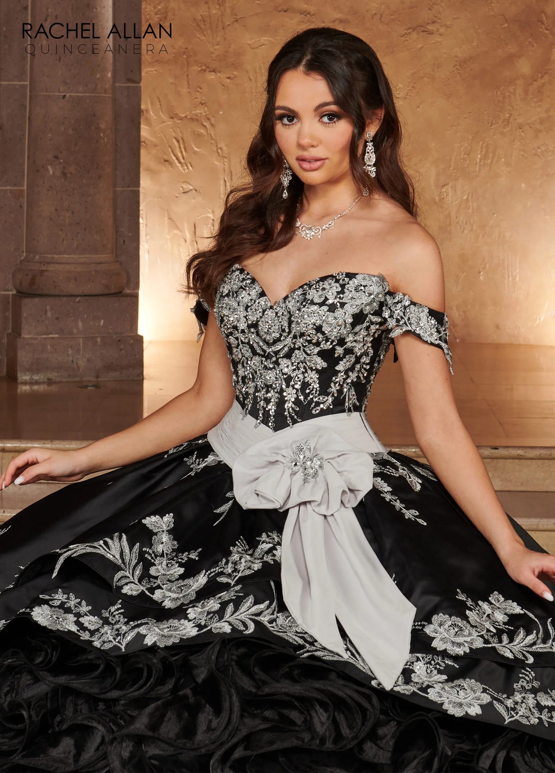 Black Silver Sweetheart Floor Length Satin Quinceanera Ball Gown with Ruffle Skirt Rachel Allan RQ3104