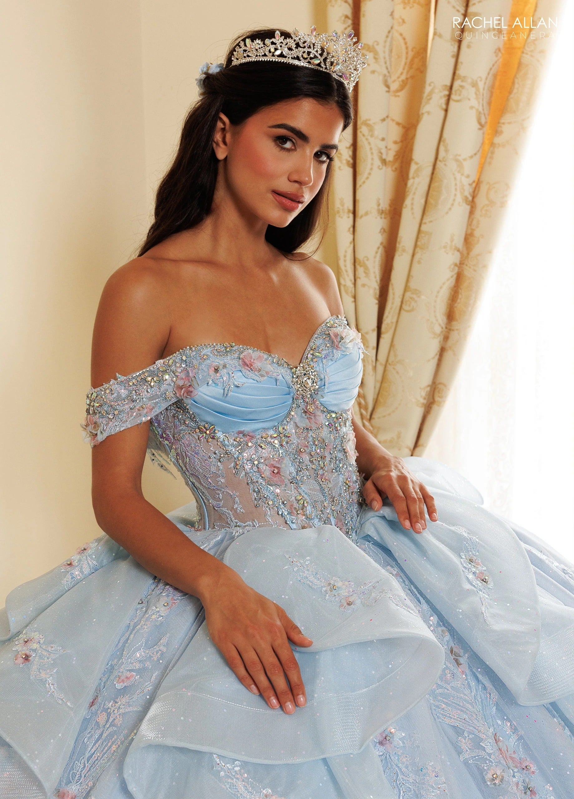 Off-the-Shoulder Floor-Length Tulle Quinceañe Ball Gown Rachel Allan RQ3185