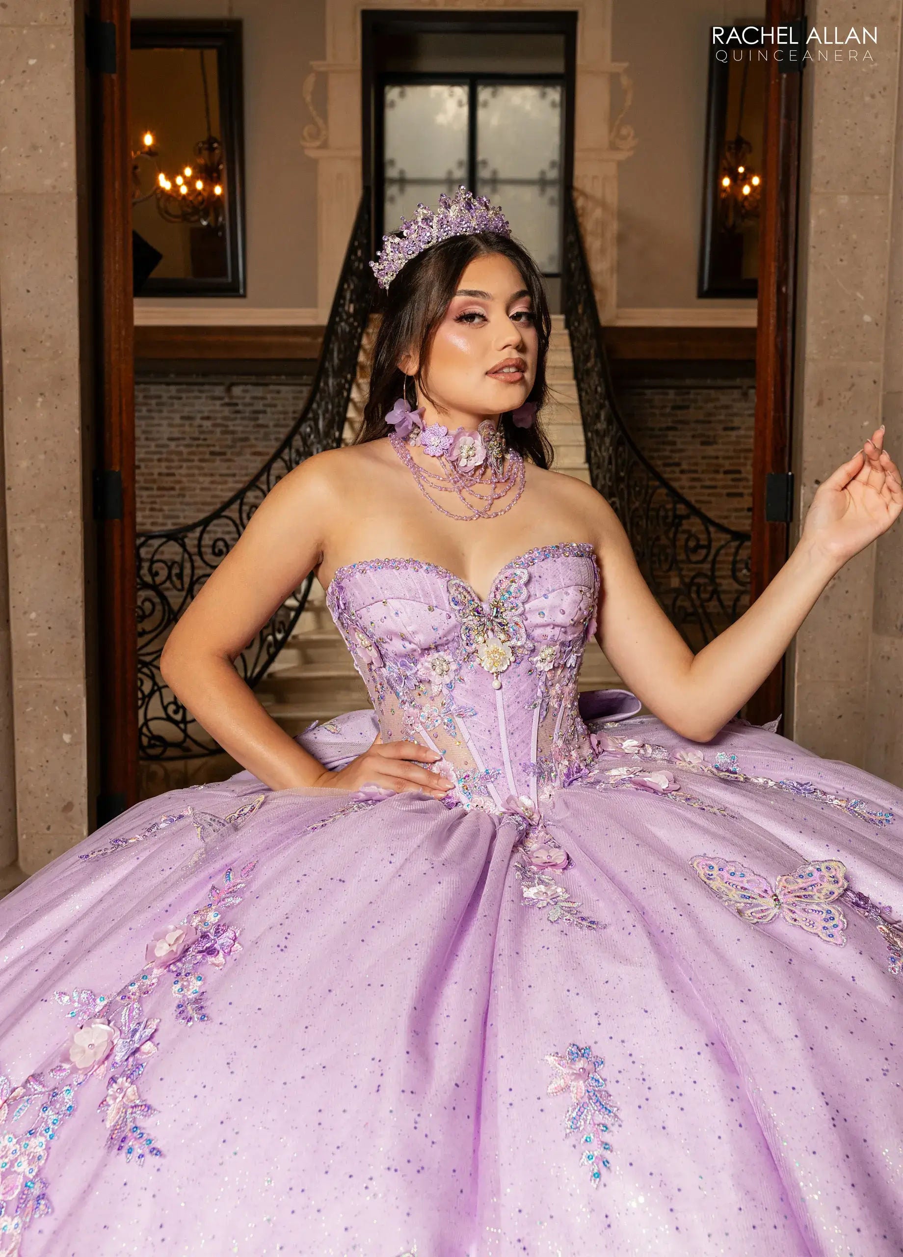 Quinceniera Dresses Off-the-Shoulder Floor-Length Tulle Gown with Corset Bodice Quinceañera Gown Rachel Allan RQ3176 Lilac