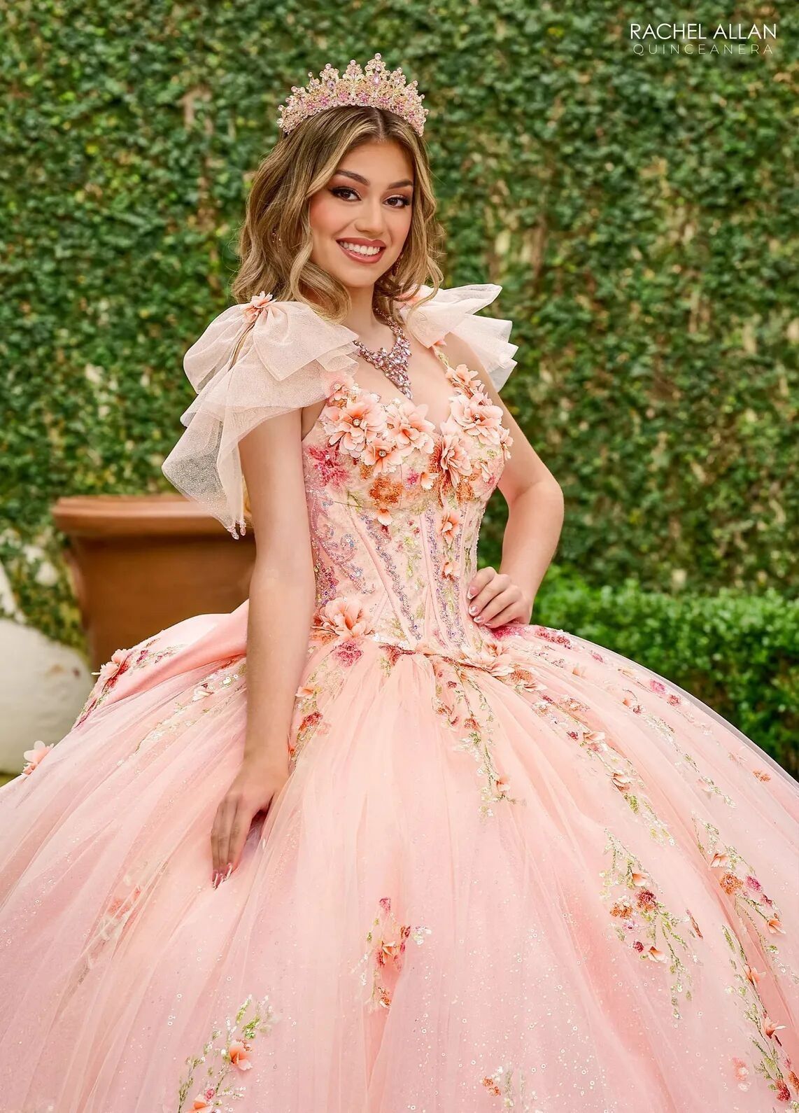 Blush Multi Sweetheart Floor Length Tulle Quinceanera Ball Gown with Floral Applique Rachel Allan RQ3132
