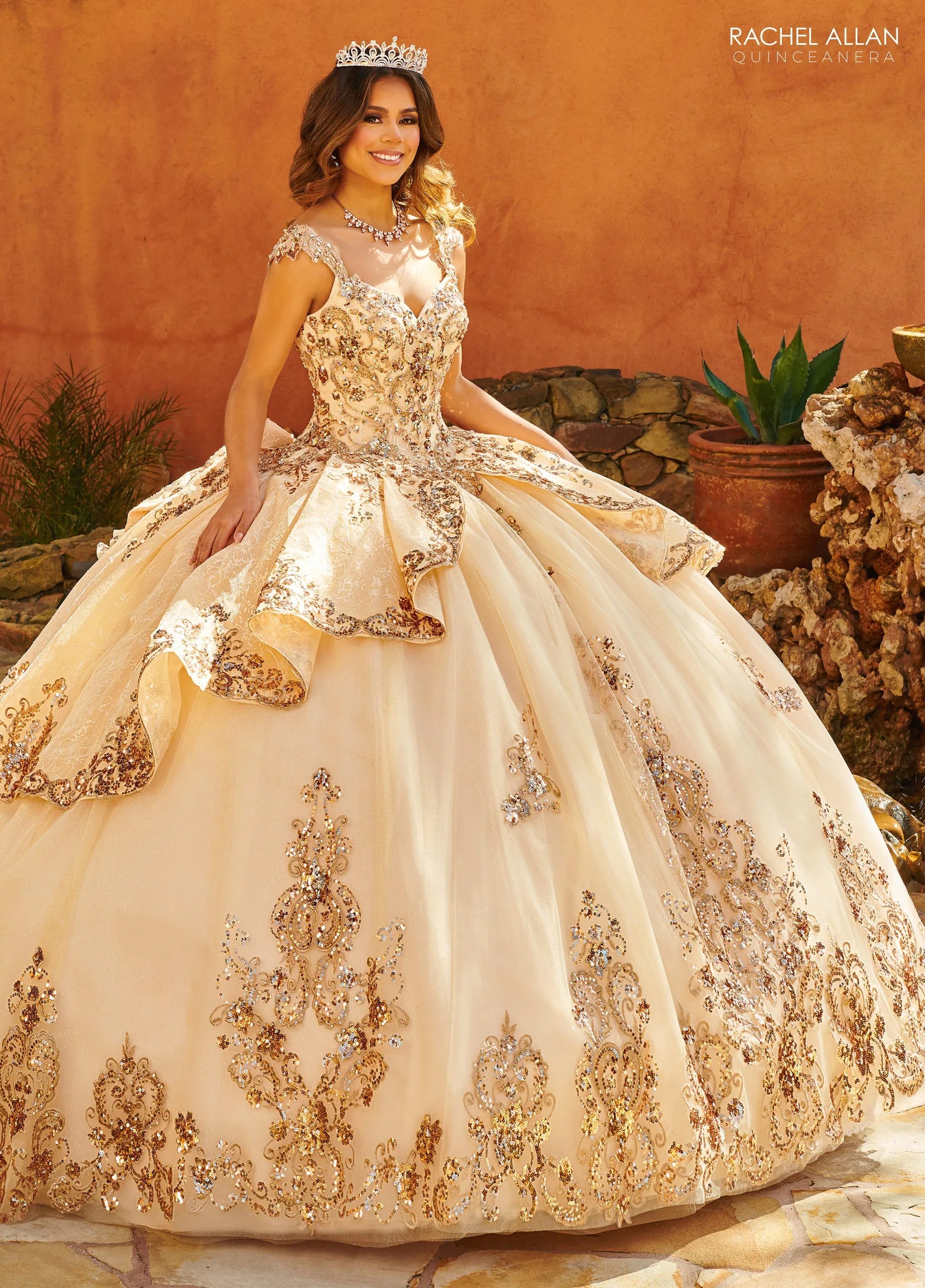 Champagne Rose Gold Sweetheart Floor Length Glitter Tulle Quinceanera Ball Gown with Lace Skirt Overlay Rachel Allan MQ3093