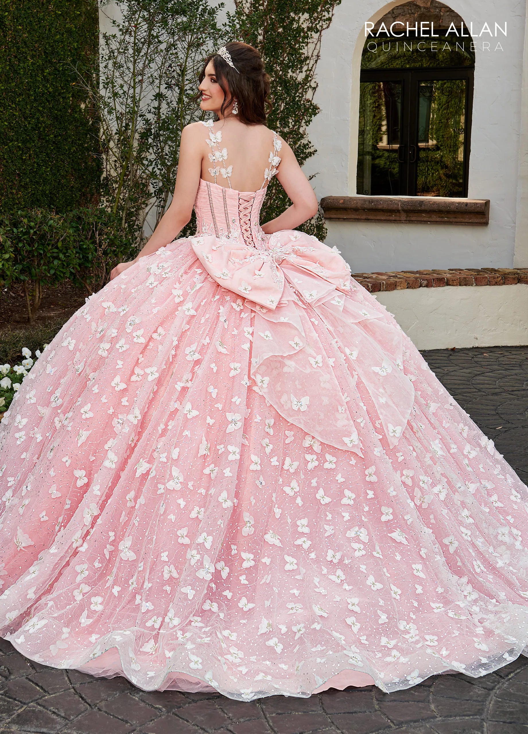Pink Scoop Floor Length Tulle Quinceanera Ball Gown with 3D Butterfly Appliques Rachel Allan RQ3112