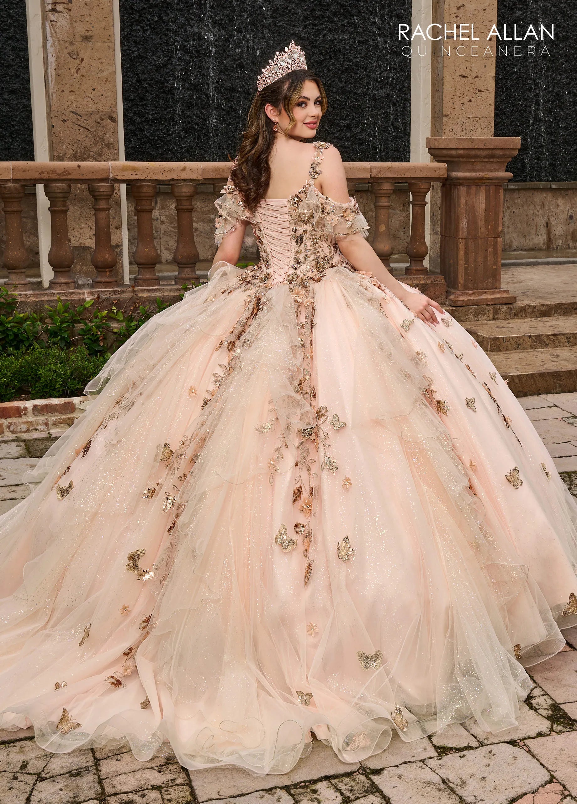 Blush Rose Gold Off-the-Shoulder Floor-Length Glitter Tulle Quinceañera Ball Gown with Beaded 3D Flowers Rachel Allan RQ3120