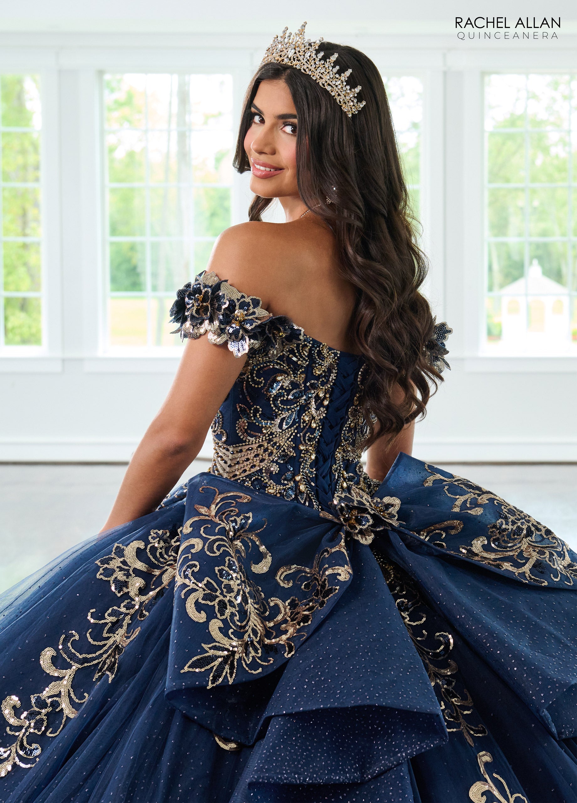 Quinceniera Dresses Long Ball Gown Beaded Quinceanera Dress Navy Gold