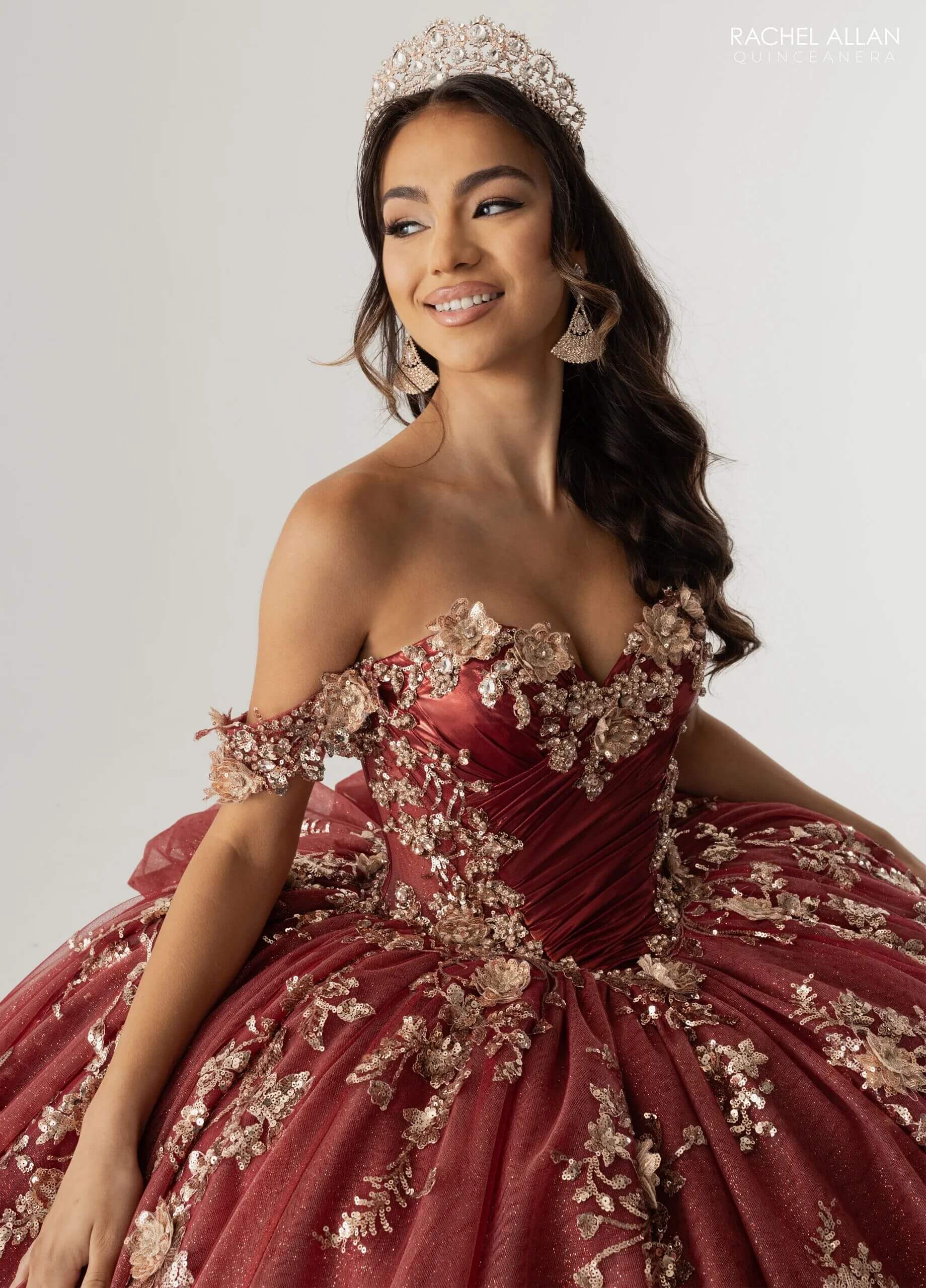Wine Gold Off the Shoulder Floor Length Glitter Tulle Quinceanera Ball Gown Rachel Allan RQ3178