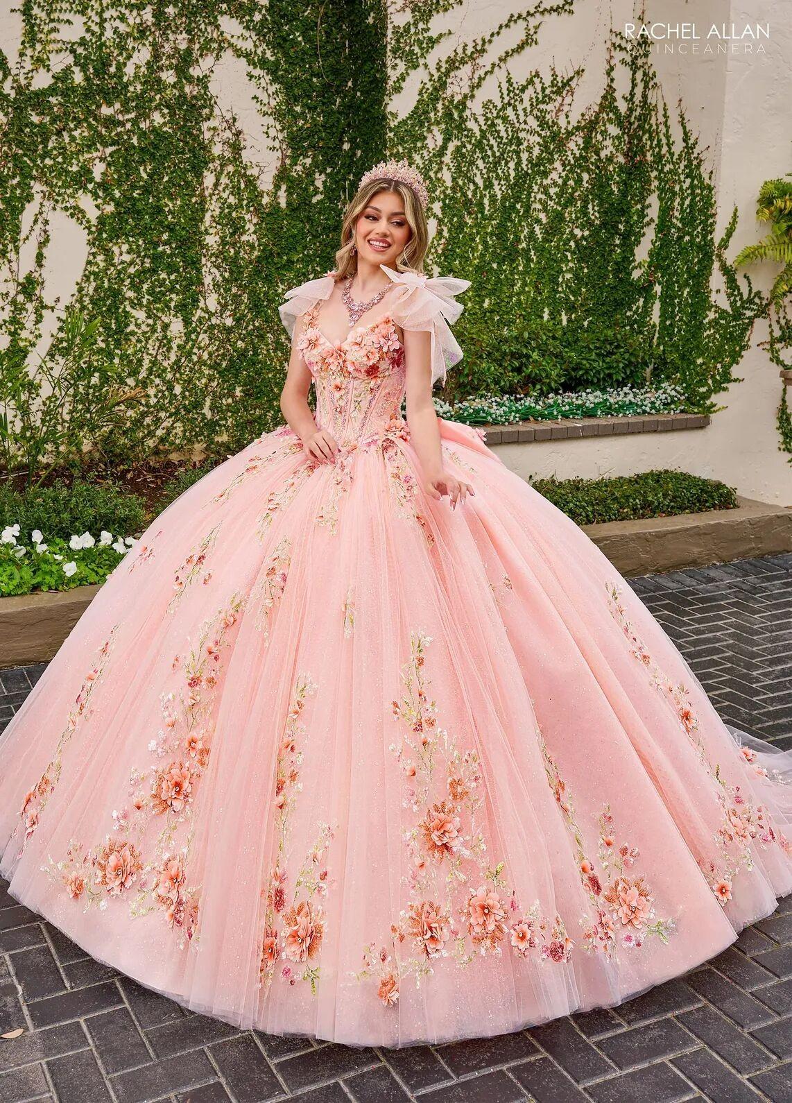 Blush Multi Sweetheart Floor Length Tulle Quinceanera Ball Gown with Floral Applique Rachel Allan RQ3132