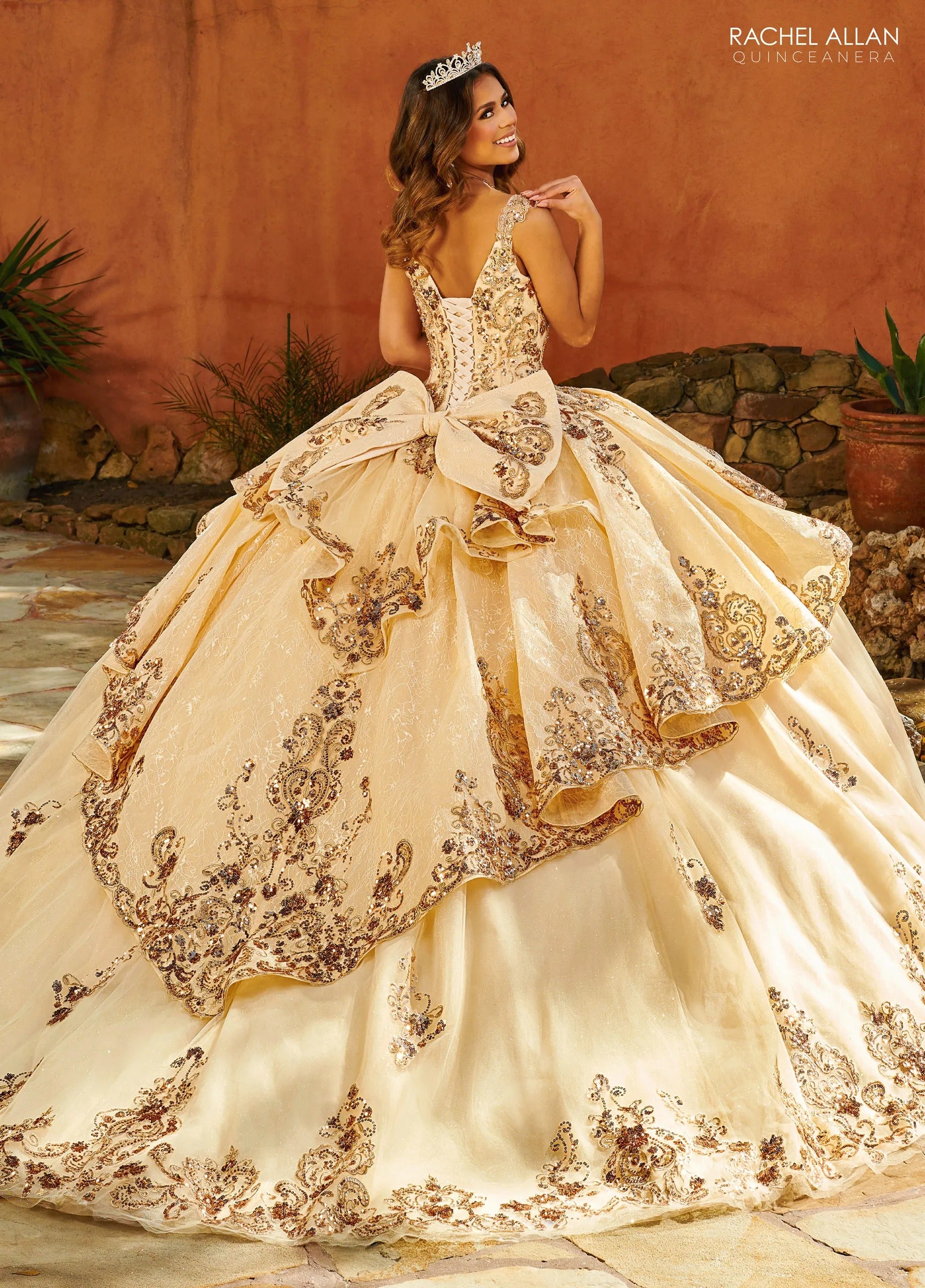 Champagne Rose Gold Sweetheart Floor Length Glitter Tulle Quinceanera Ball Gown with Lace Skirt Overlay Rachel Allan MQ3093