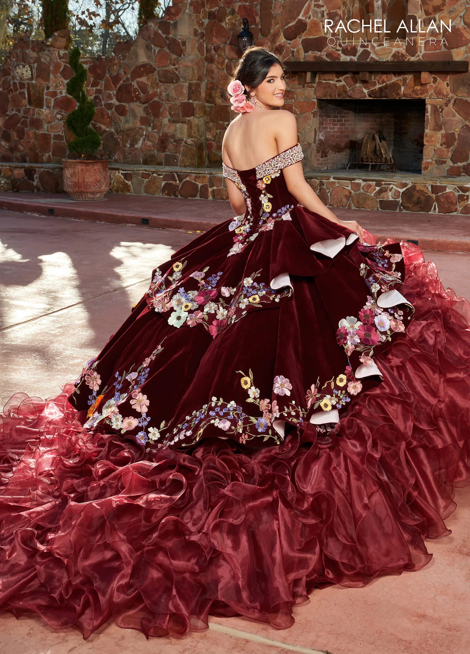 Burgundy Multi Off-the-Shoulder Floor-Length Velvet Organza Quinceanera Ball Gown with Floral Applique Rachel Allan RQ3111