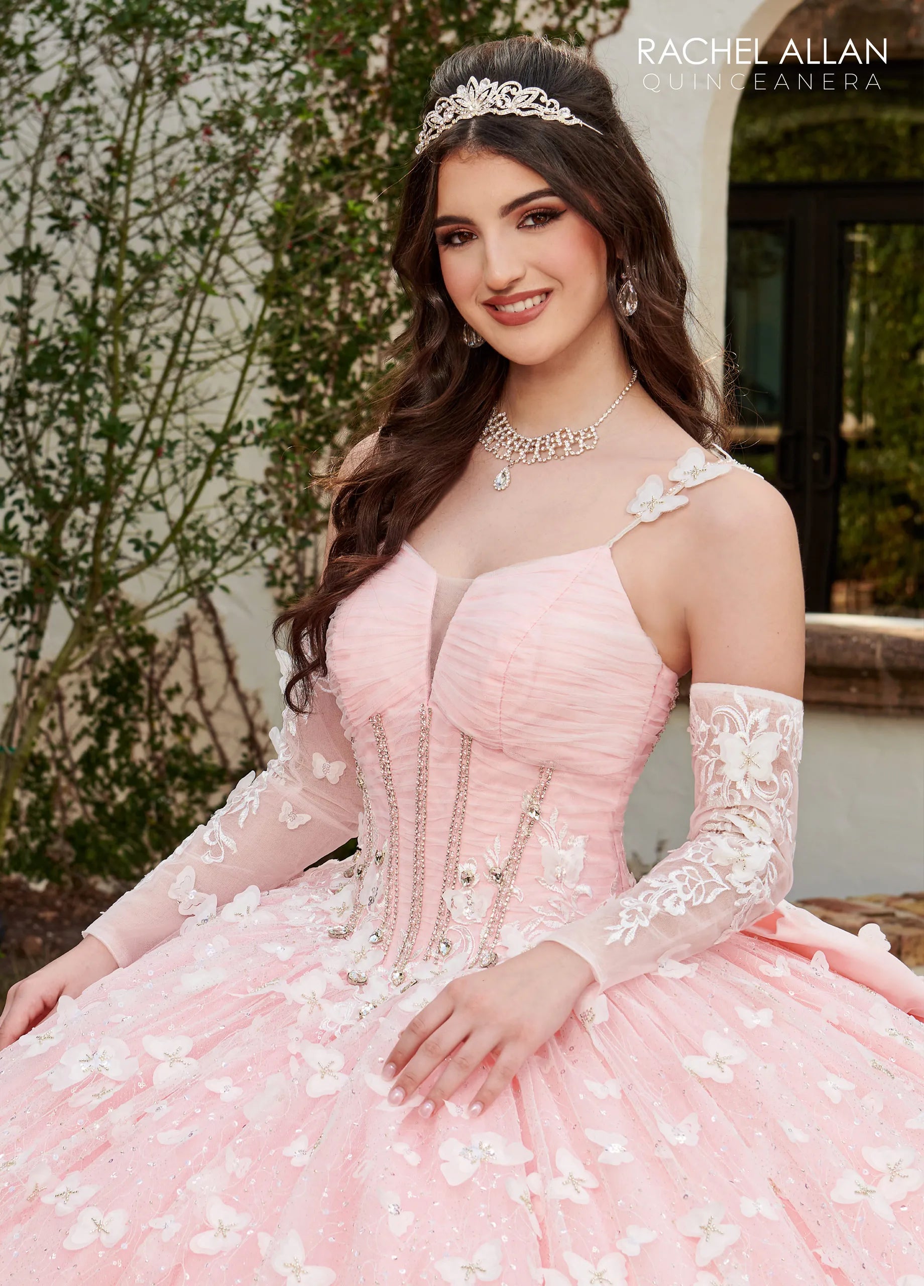 Pink Scoop Floor Length Tulle Quinceanera Ball Gown with 3D Butterfly Appliques Rachel Allan RQ3112