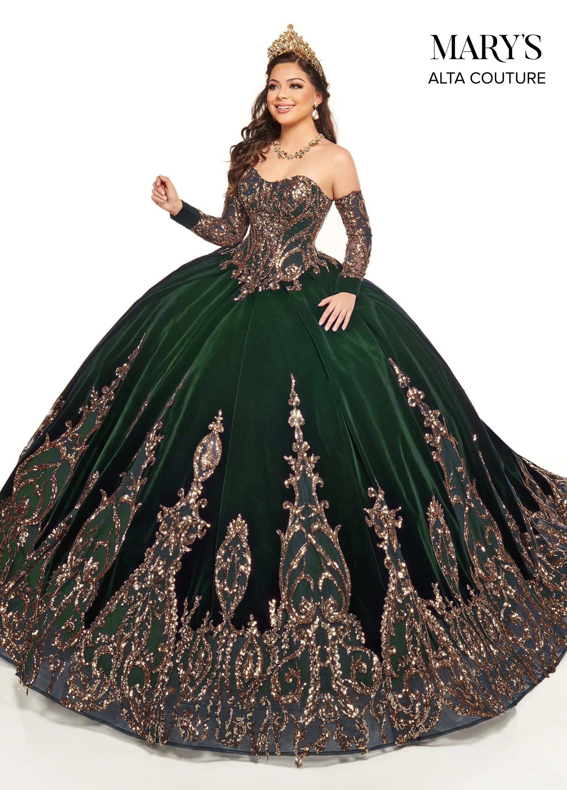 Emerald Gold Strapless Floor-Length Luxe Velvet Quinceanera Ball Gown with Metallic Applique Rachel Allan MQ3051 Rachel Allan MQ3051