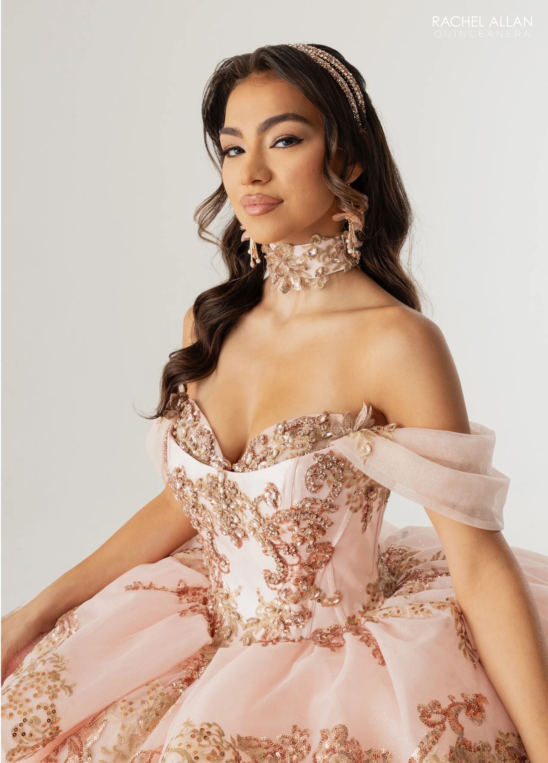 Blush Rose Gold Sweetheart Floor-Length Glitter Tulle Quinceañera Gown with Detachable Train Rachel Allan RQ3175