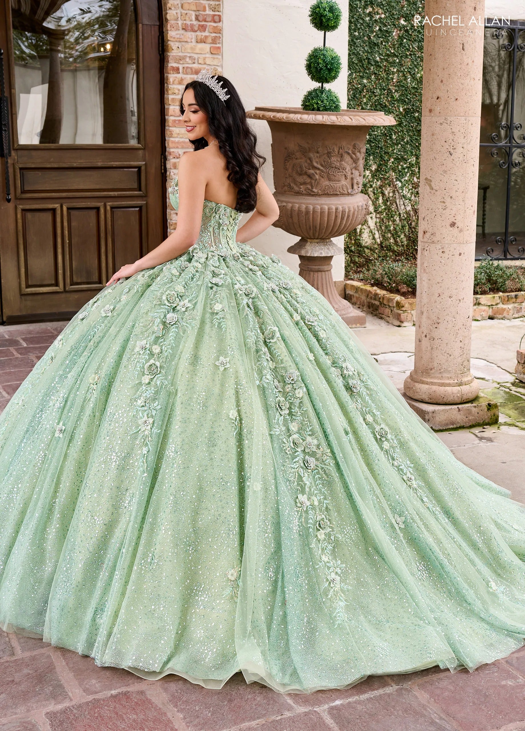 Sage Sweetheart Floor Length Sequin Tulle Quinceanera Ball Gown with Floral Applique Rachel Allan RQ3135