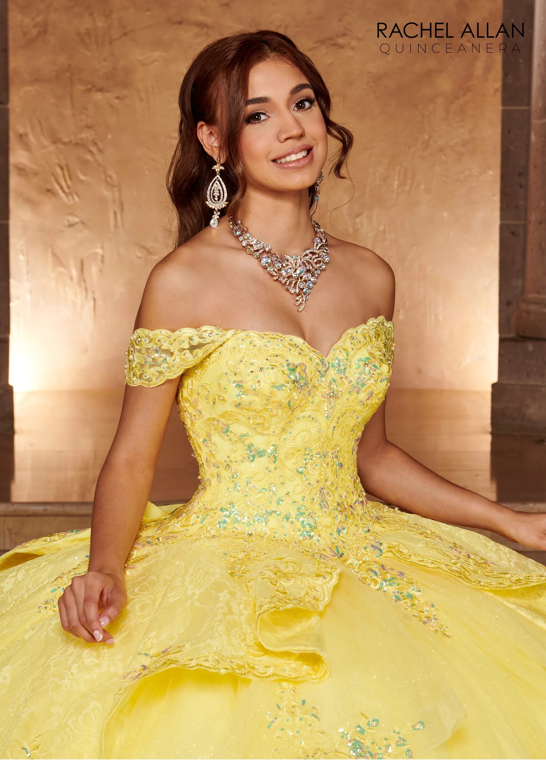 Yellow Sweetheart Floor Length Glitter Tulle Quinceanera Ball Gown with Lace Bodice Rachel Allan RQ3105