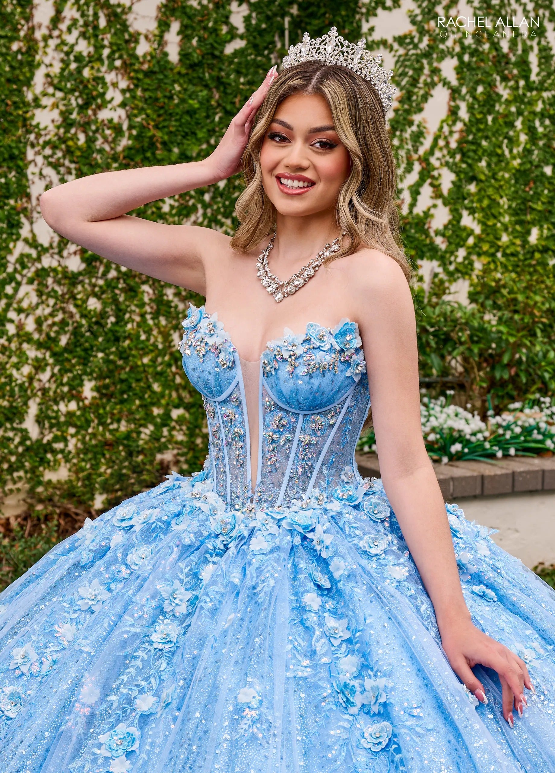 Light Blue Sweetheart Floor Length Sequin Tulle Quinceanera Ball Gown with Floral Applique Rachel Allan RQ3135