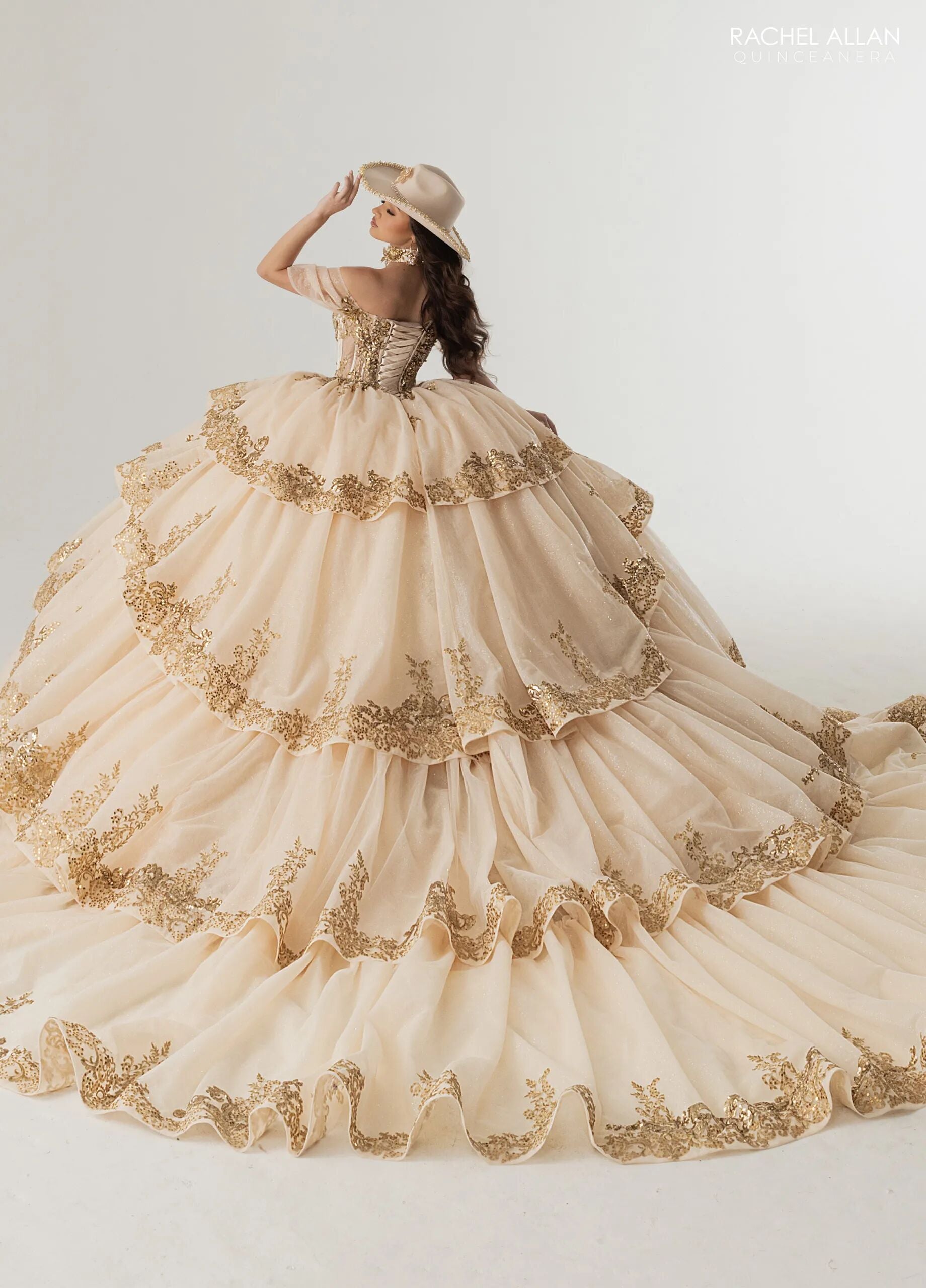 Champagne Gold Sweetheart Floor-Length Glitter Tulle Quinceañera Gown with Detachable Train Rachel Allan RQ3175