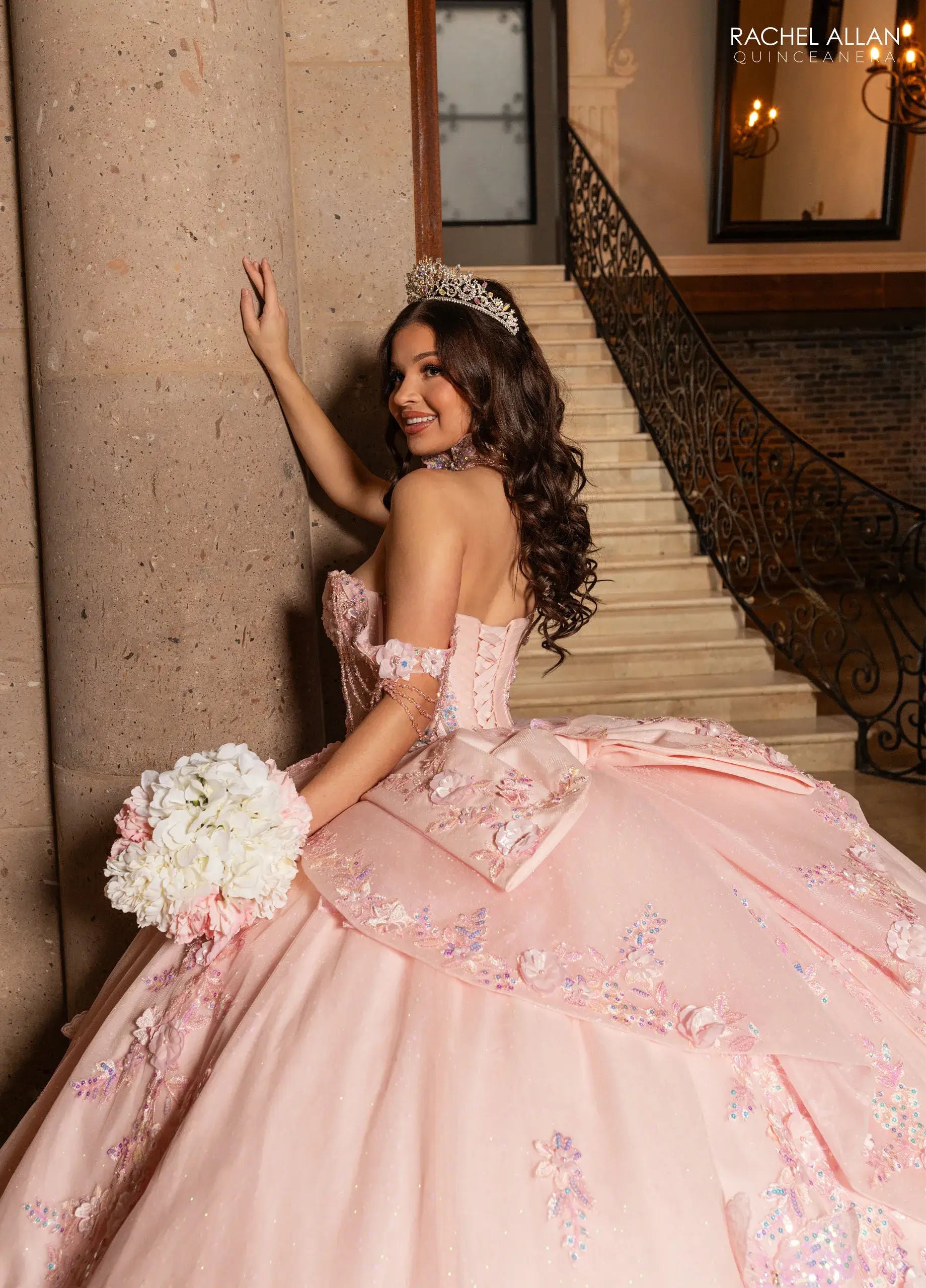 Blush Off-the-Shoulder Floor-Length Tulle Gown with Corset Bodice Quinceañera Gown Rachel Allan RQ3176