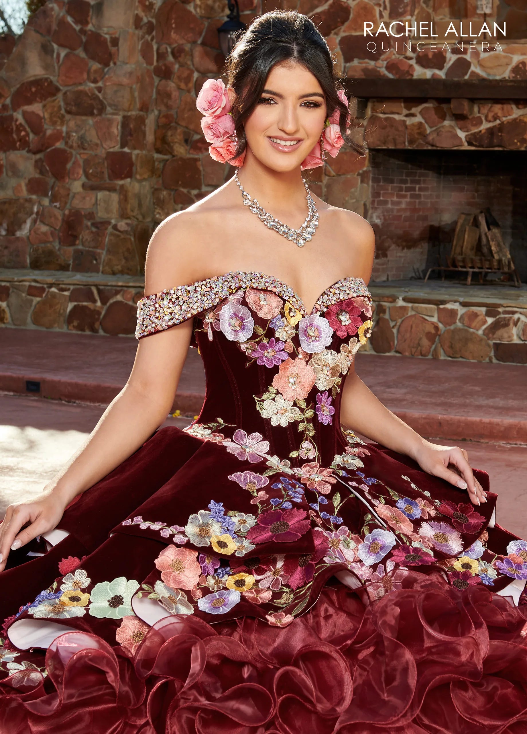 Burgundy Multi Off-the-Shoulder Floor-Length Velvet Organza Quinceanera Ball Gown with Floral Applique Rachel Allan RQ3111