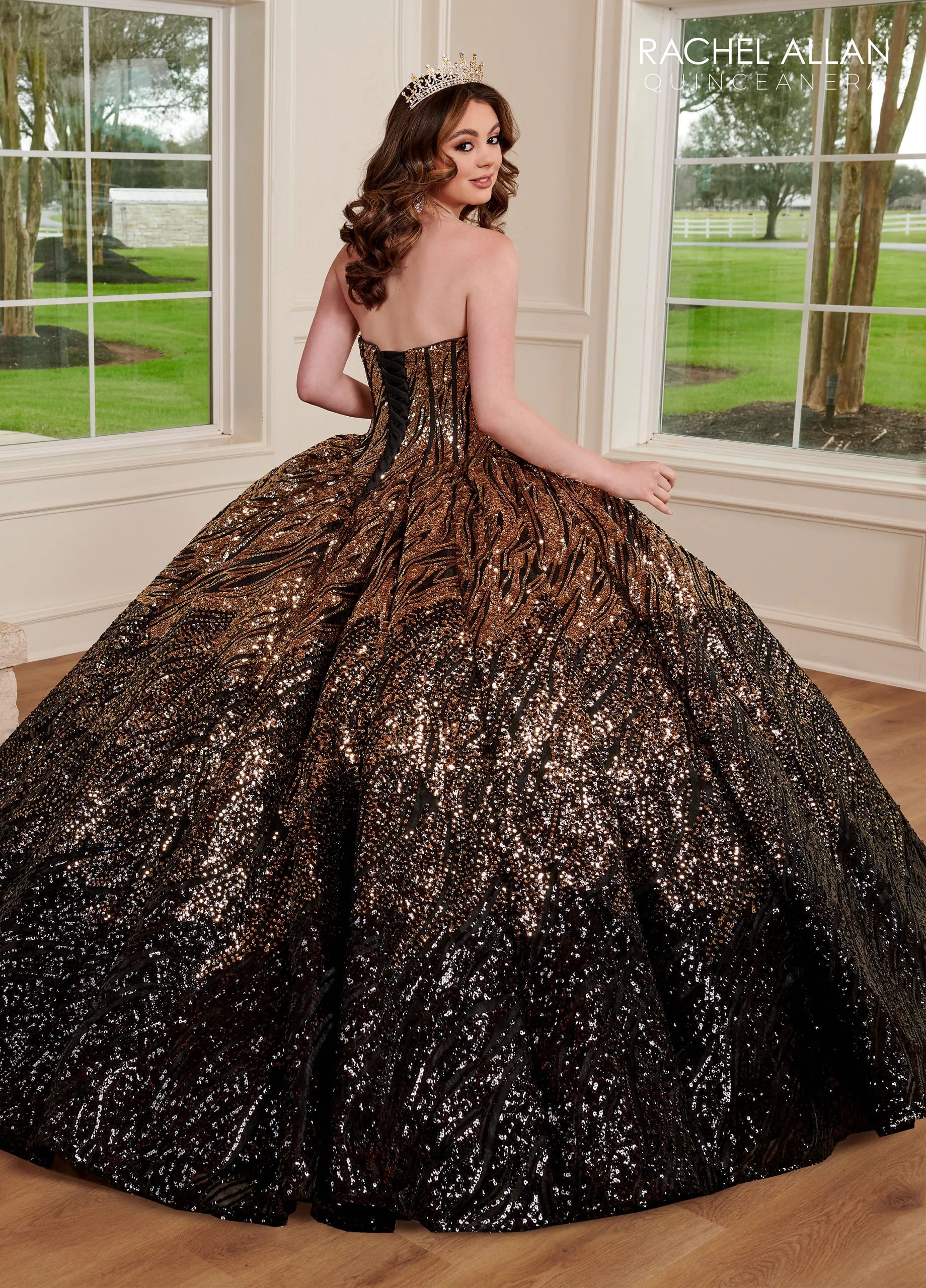 Gold Black Strapless Floor-Length Sequin Tulle Quinceañera Ball Gown with Beaded Flowers Rachel Allan RQ3121