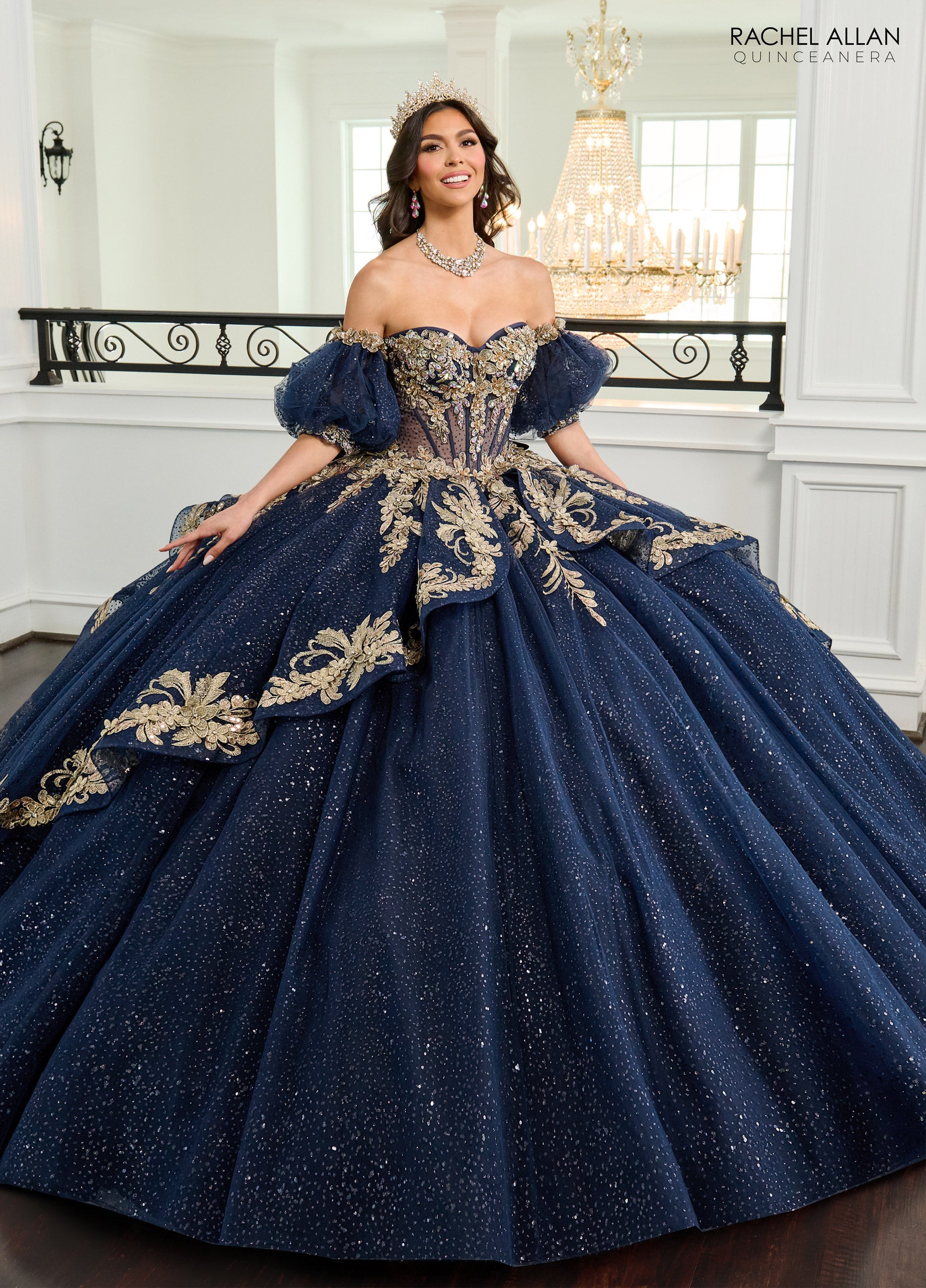 Quinceniera Dresses Long Ball Gown 3D Flower Glitter Quinceanera Dress Navy Gold