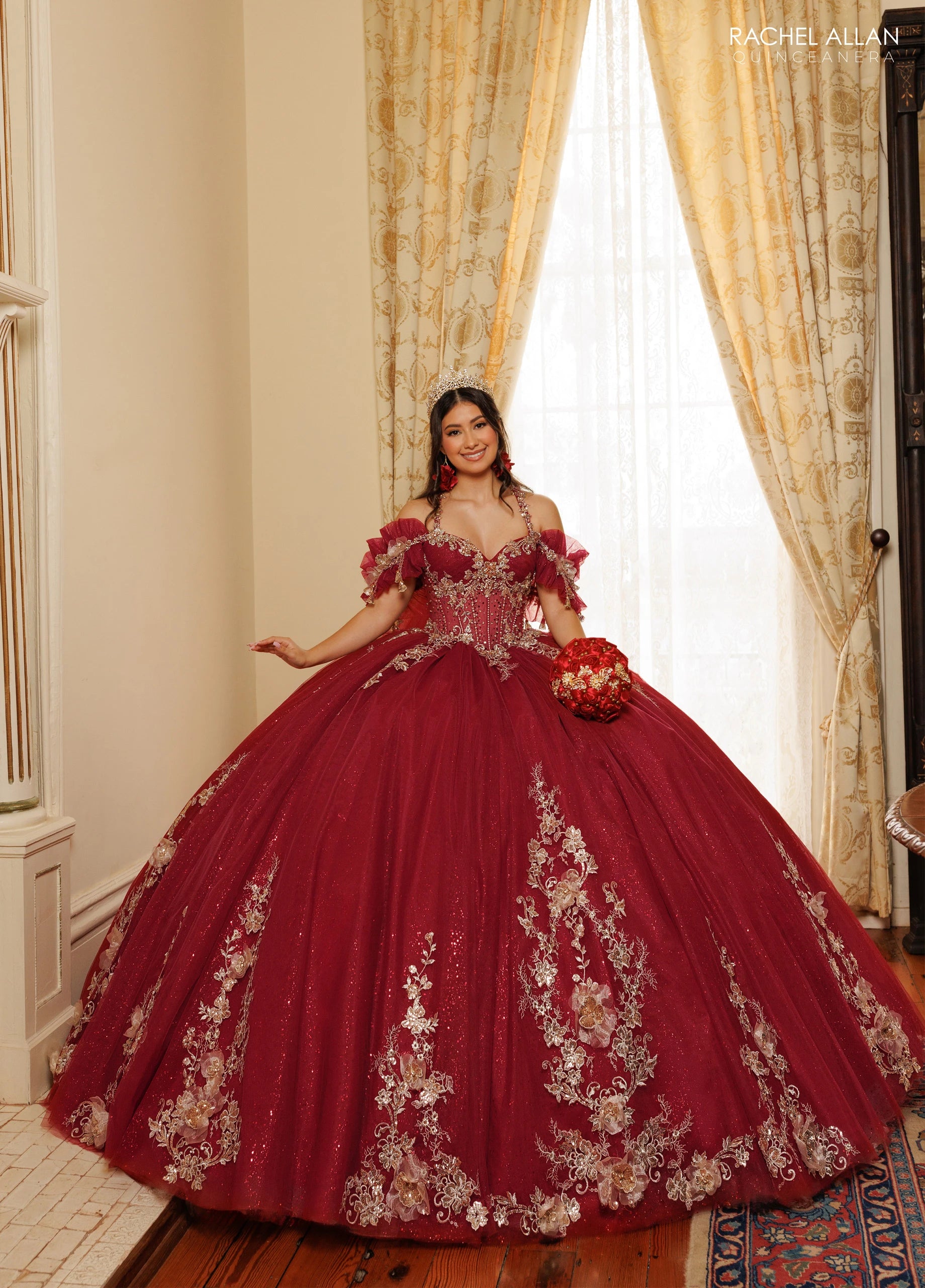 Off-the-Shoulder Floor-Length Tulle Quinceañe Ball Gown Rachel Allan RQ3181