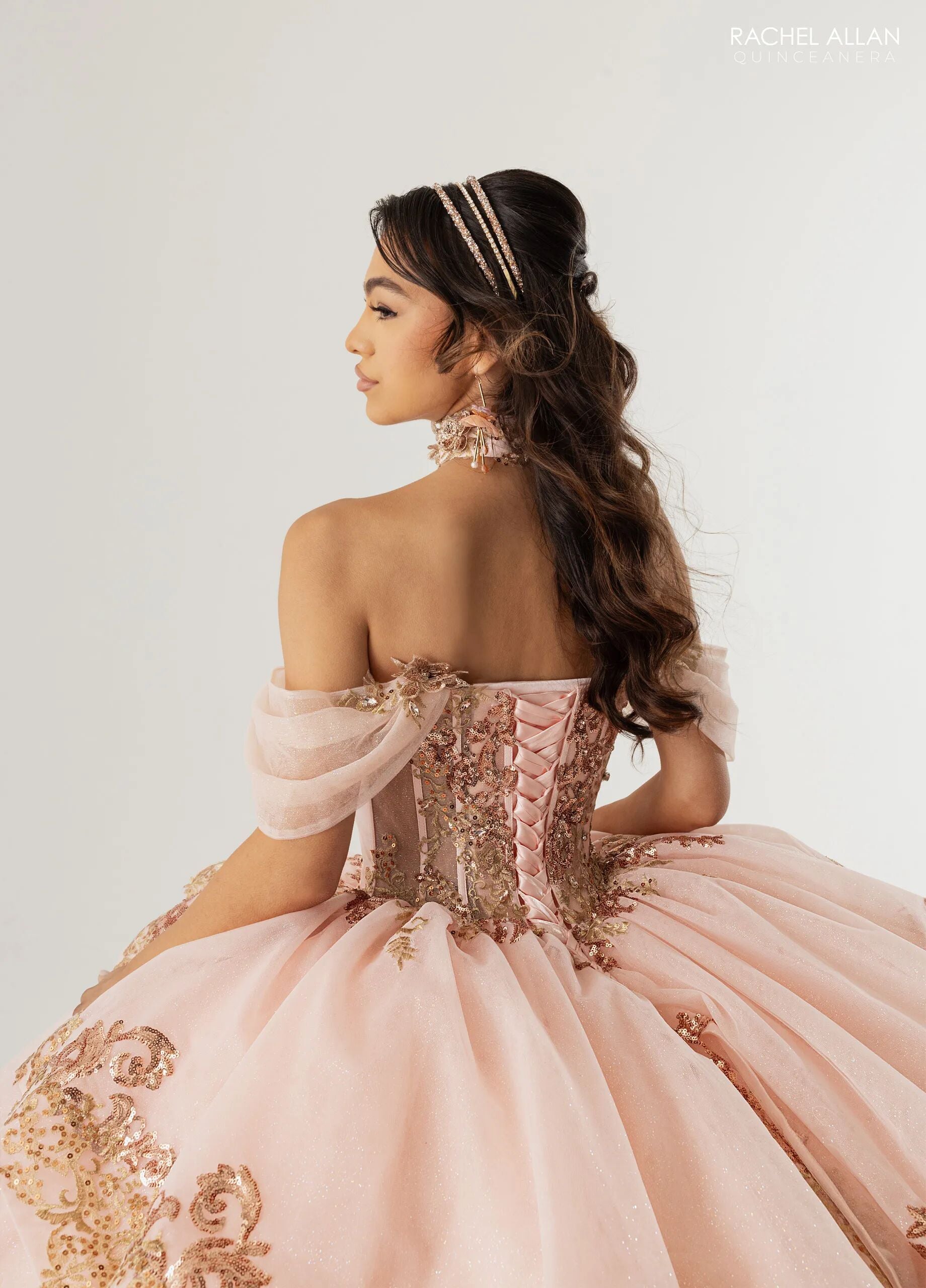 Blush Rose Gold Sweetheart Floor-Length Glitter Tulle Quinceañera Gown with Detachable Train Rachel Allan RQ3175