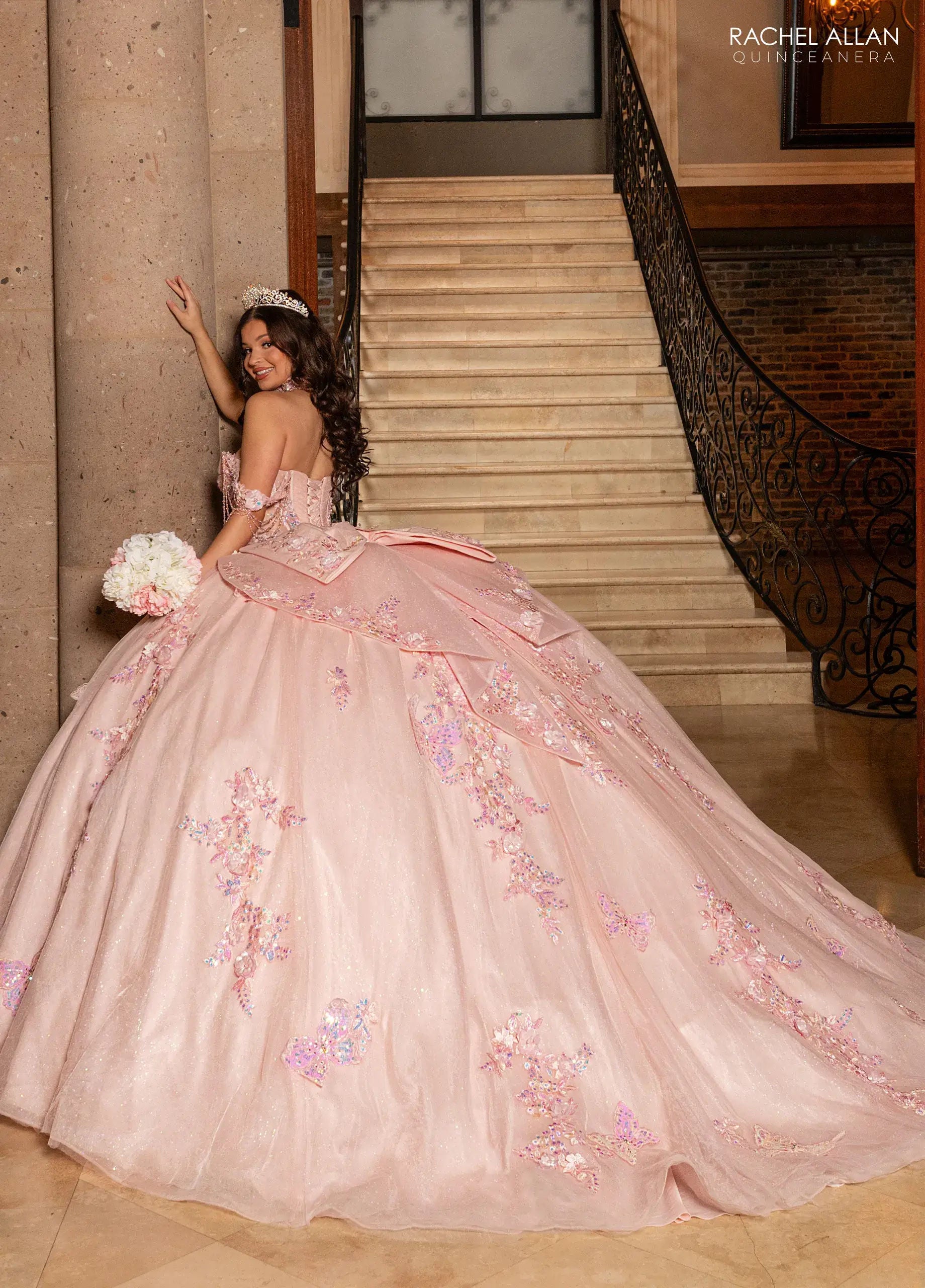 Blush Off-the-Shoulder Floor-Length Tulle Gown with Corset Bodice Quinceañera Gown Rachel Allan RQ3176