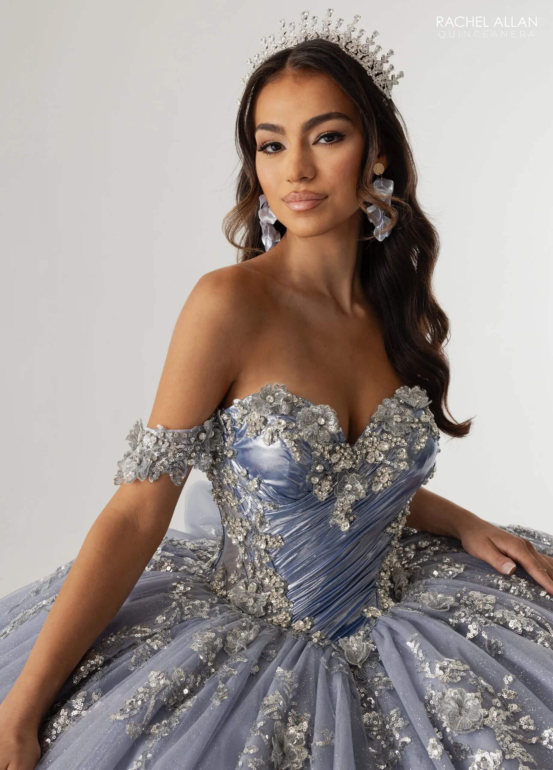 Slate Silver Off the Shoulder Floor Length Glitter Tulle Quinceanera Ball Gown Rachel Allan RQ3178
