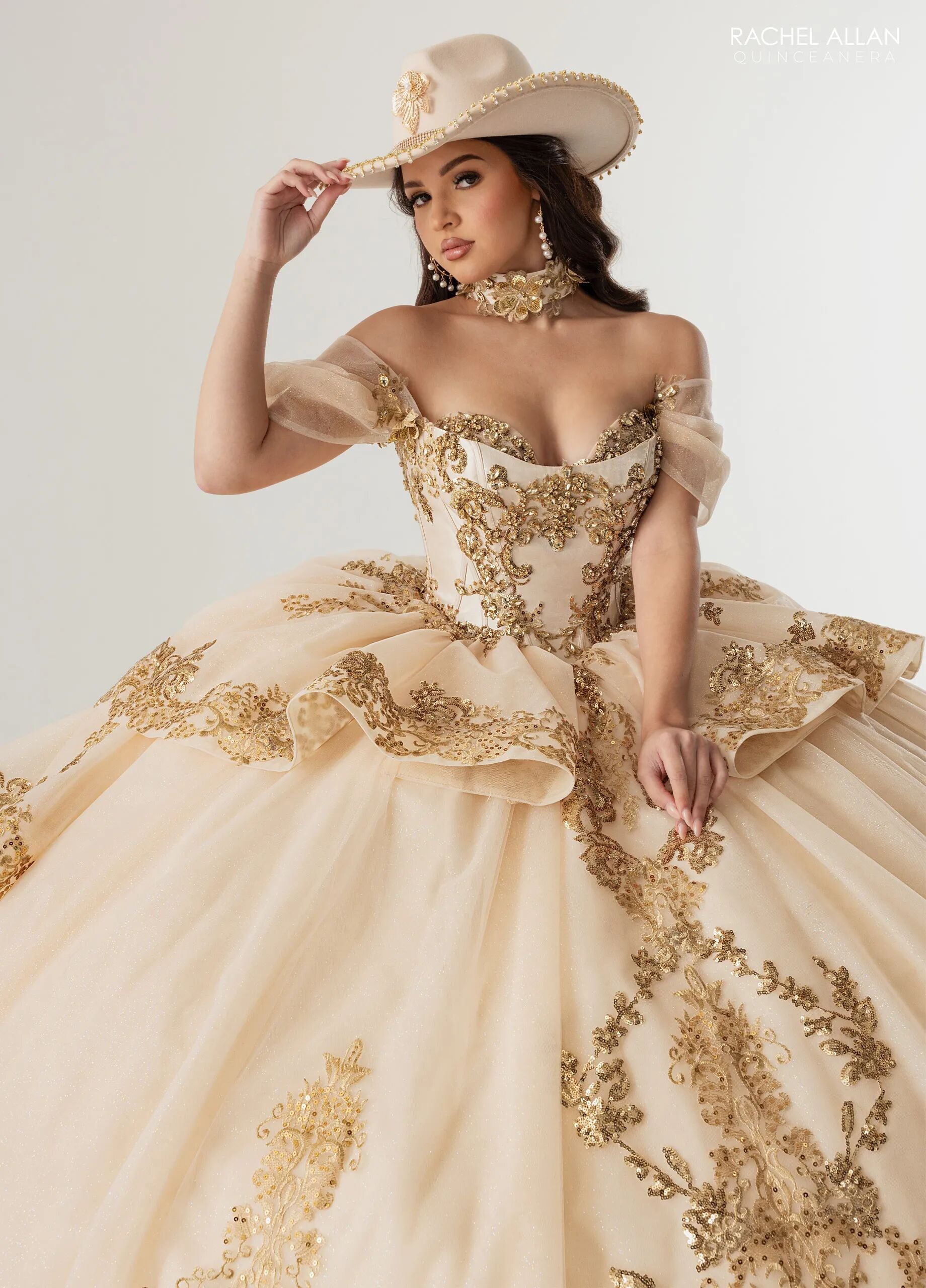 Champagne Gold Sweetheart Floor-Length Glitter Tulle Quinceañera Gown with Detachable Train Rachel Allan RQ3175