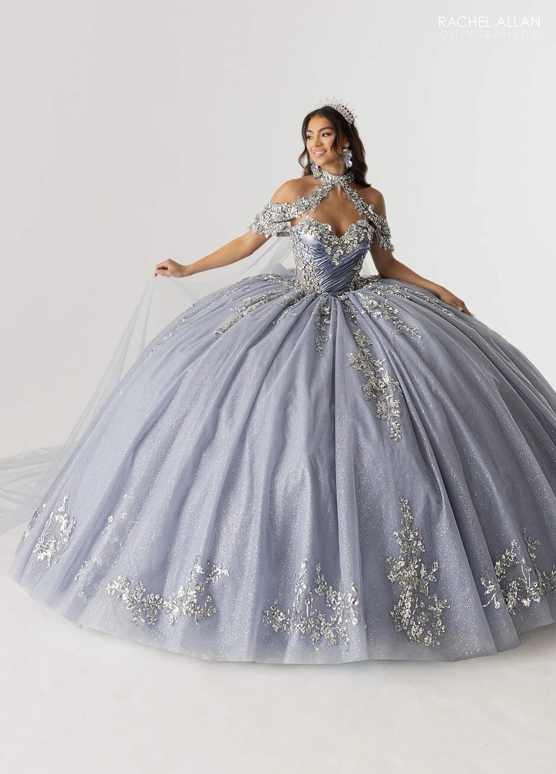 Slate Silver Off the Shoulder Floor Length Glitter Tulle Quinceanera Ball Gown Rachel Allan RQ3178