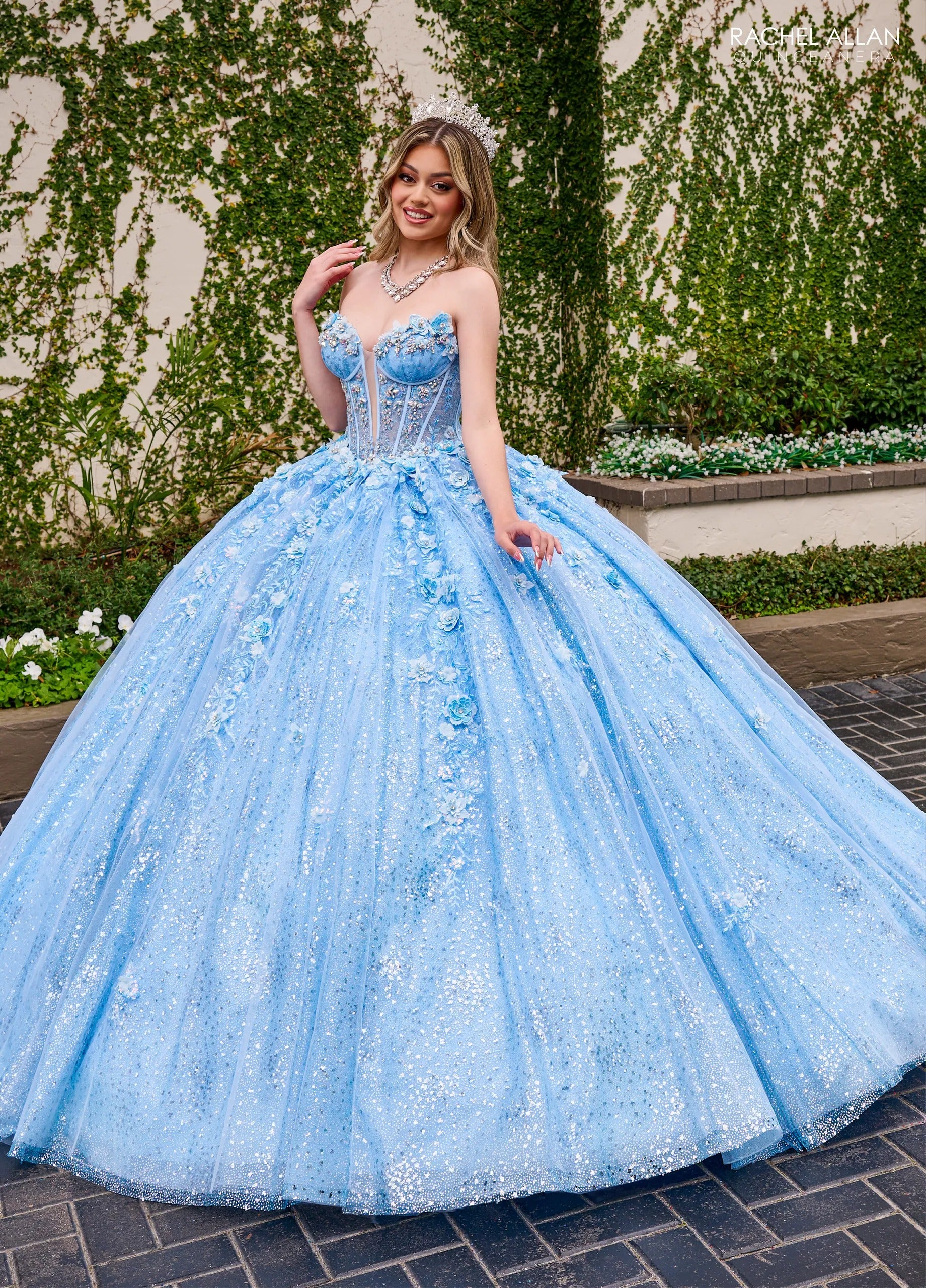 Light Blue Sweetheart Floor Length Sequin Tulle Quinceanera Ball Gown with Floral Applique Rachel Allan RQ3135