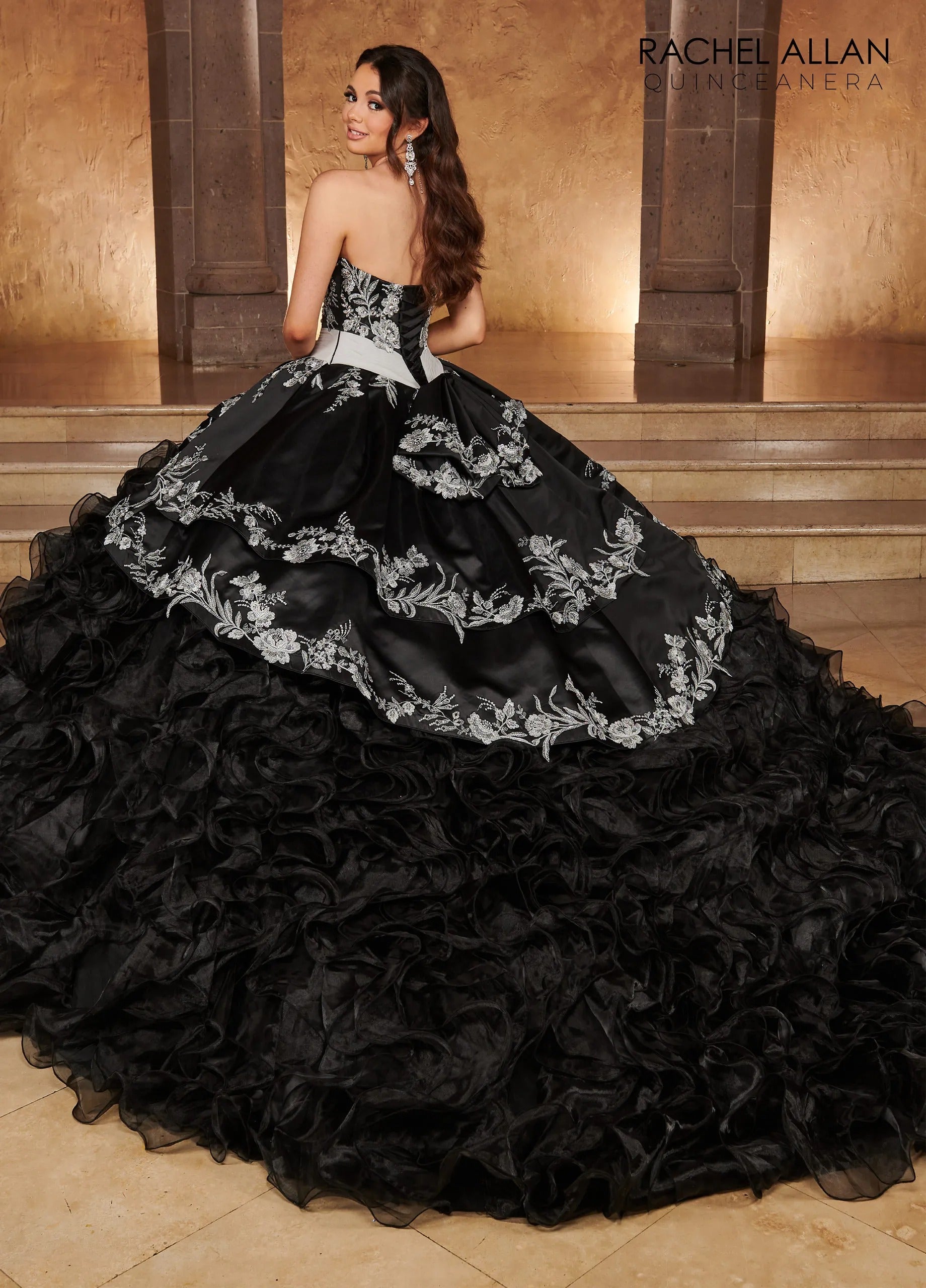 Black Silver Sweetheart Floor Length Satin Quinceanera Ball Gown with Ruffle Skirt Rachel Allan RQ3104