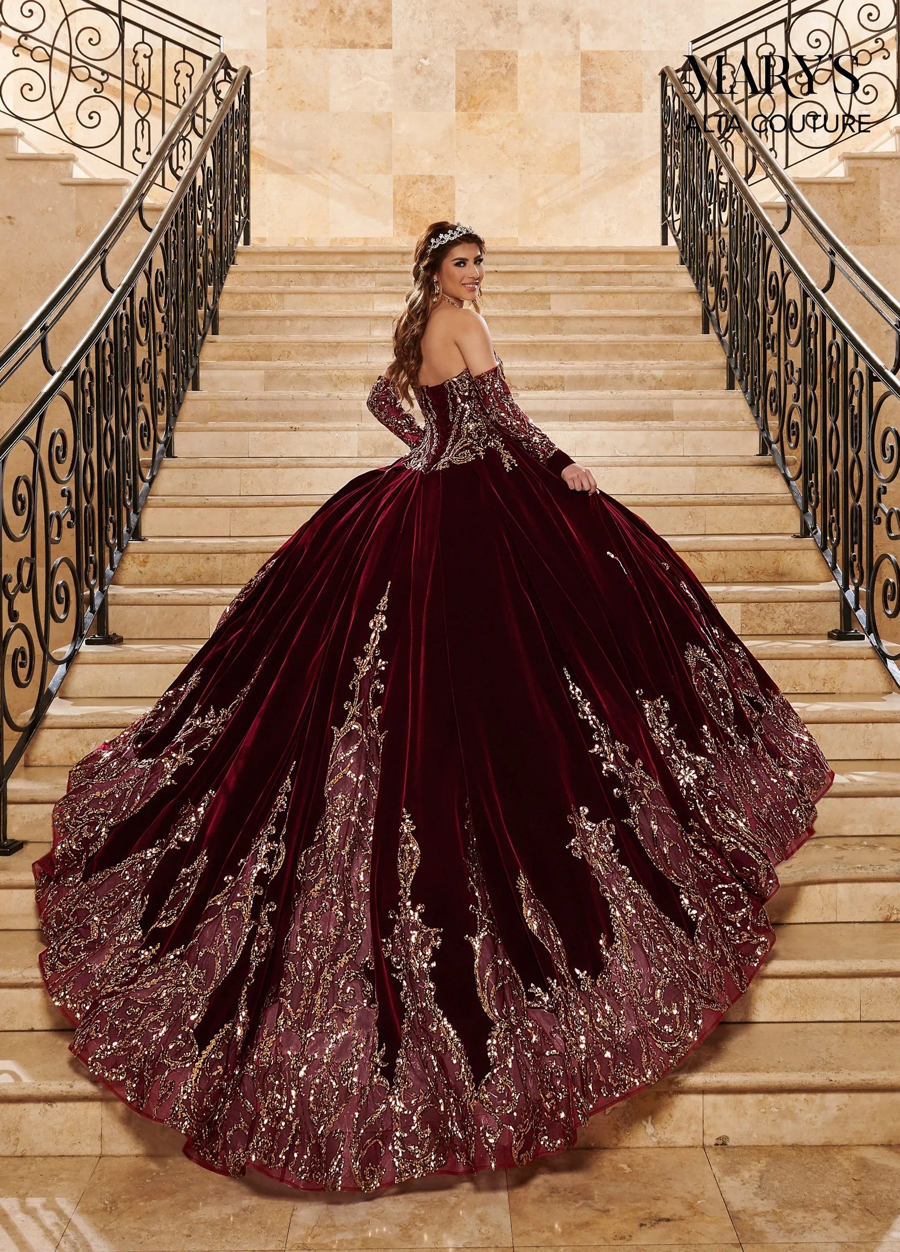 Burgundy Gold Strapless Floor-Length Luxe Velvet Quinceanera Ball Gown with Metallic Applique Rachel Allan MQ3051 Rachel Allan MQ3051