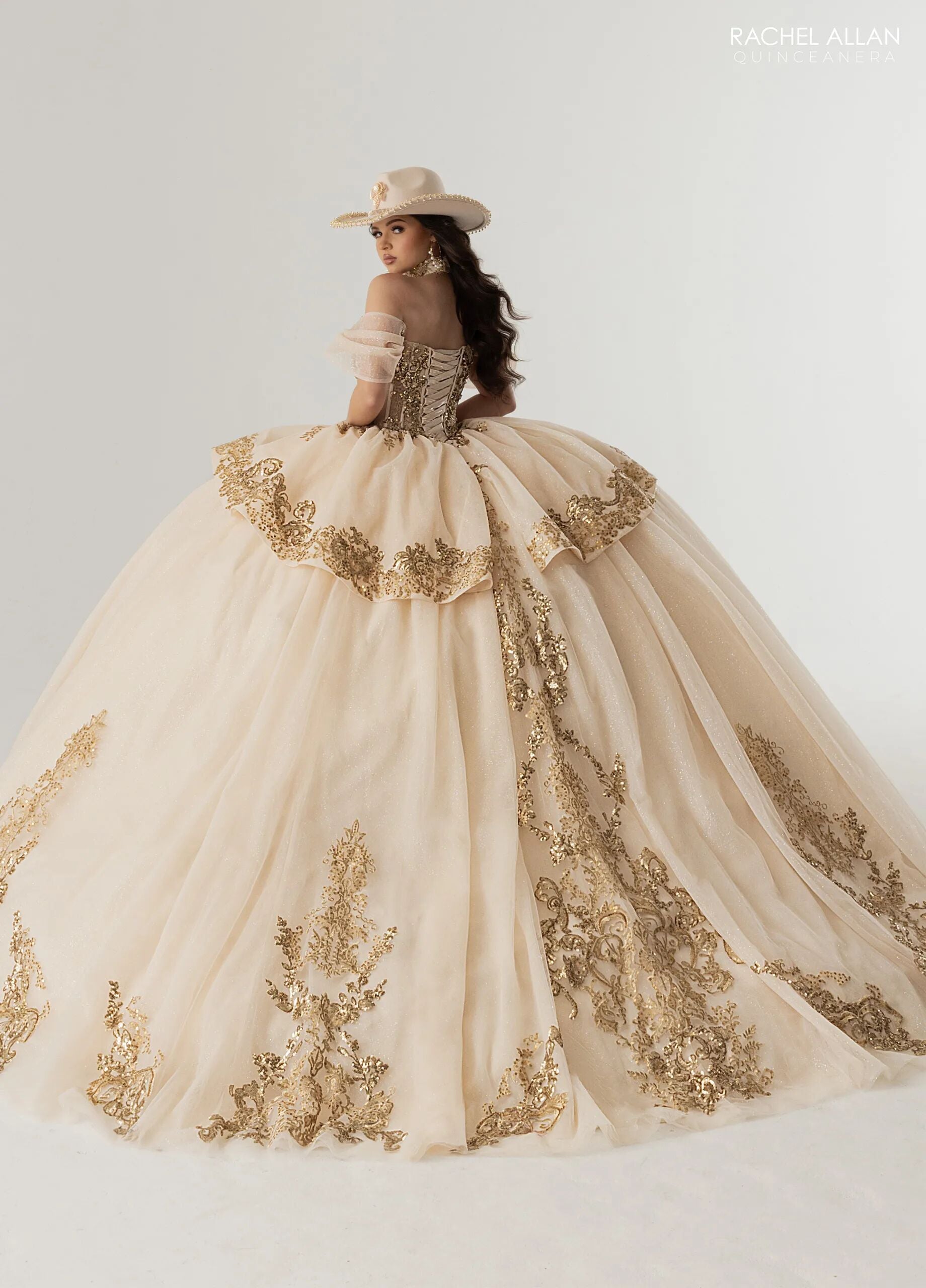 Champagne Gold Sweetheart Floor-Length Glitter Tulle Quinceañera Gown with Detachable Train Rachel Allan RQ3175