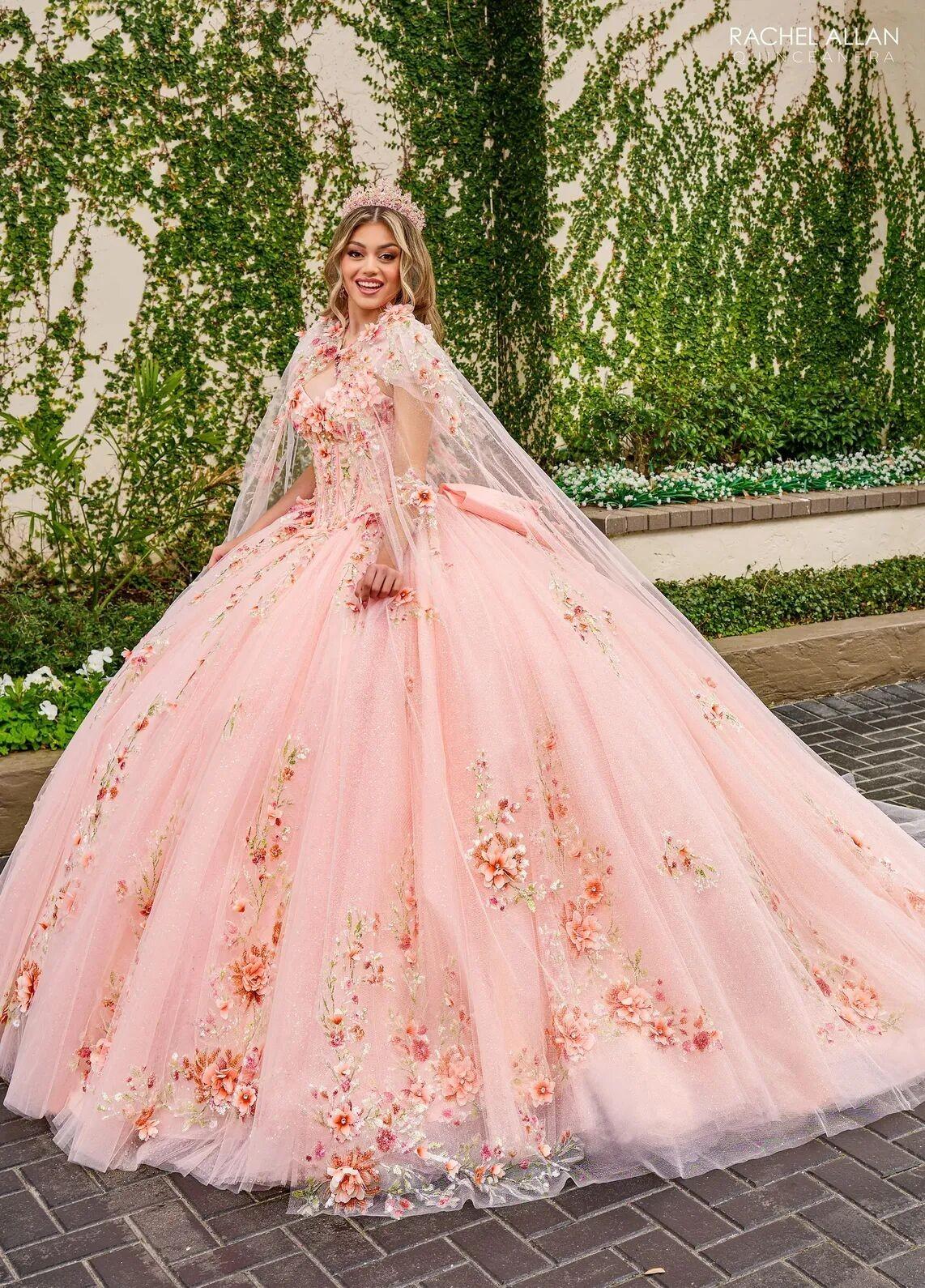 Blush Multi Sweetheart Floor Length Tulle Quinceanera Ball Gown with Floral Applique Rachel Allan RQ3132