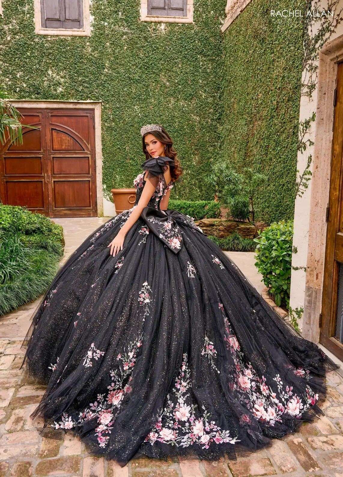 Black Multi Sweetheart Floor Length Tulle Quinceanera Ball Gown with Floral Applique Rachel Allan RQ3132