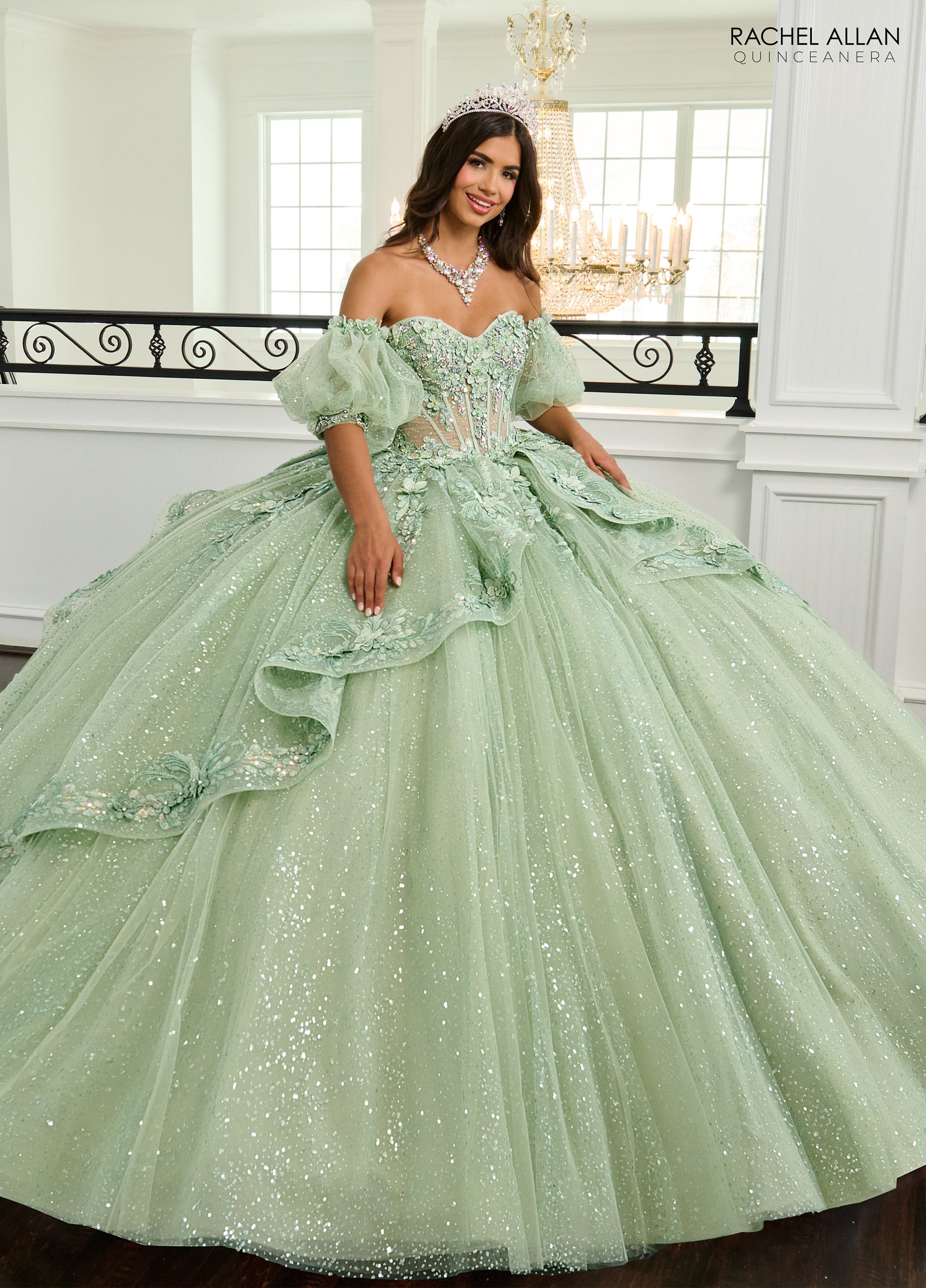 Quinceniera Dresses Long Ball Gown 3D Flower Glitter Quinceanera Dress Sage