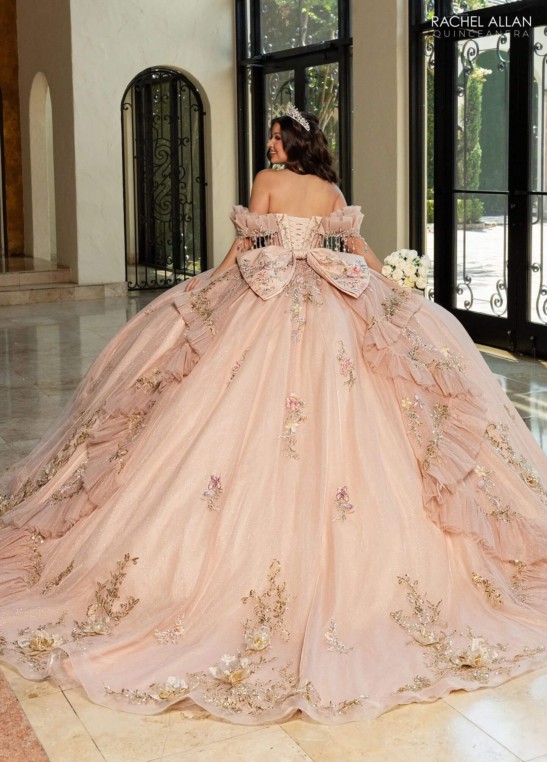 Champagne Multi Sweetheart Floor-Length Glitter Tulle Quinceañera Gown with Detachable Train and Bow Rachel Allan RQ3174