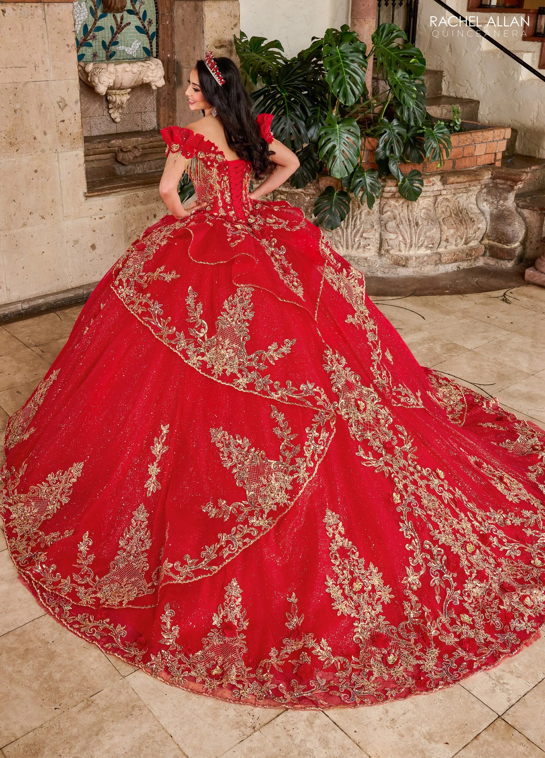 Red Gold Sweetheart Floor Length Glitter Tulle Quinceanera Ball Gown Rachel Allan RQ3137