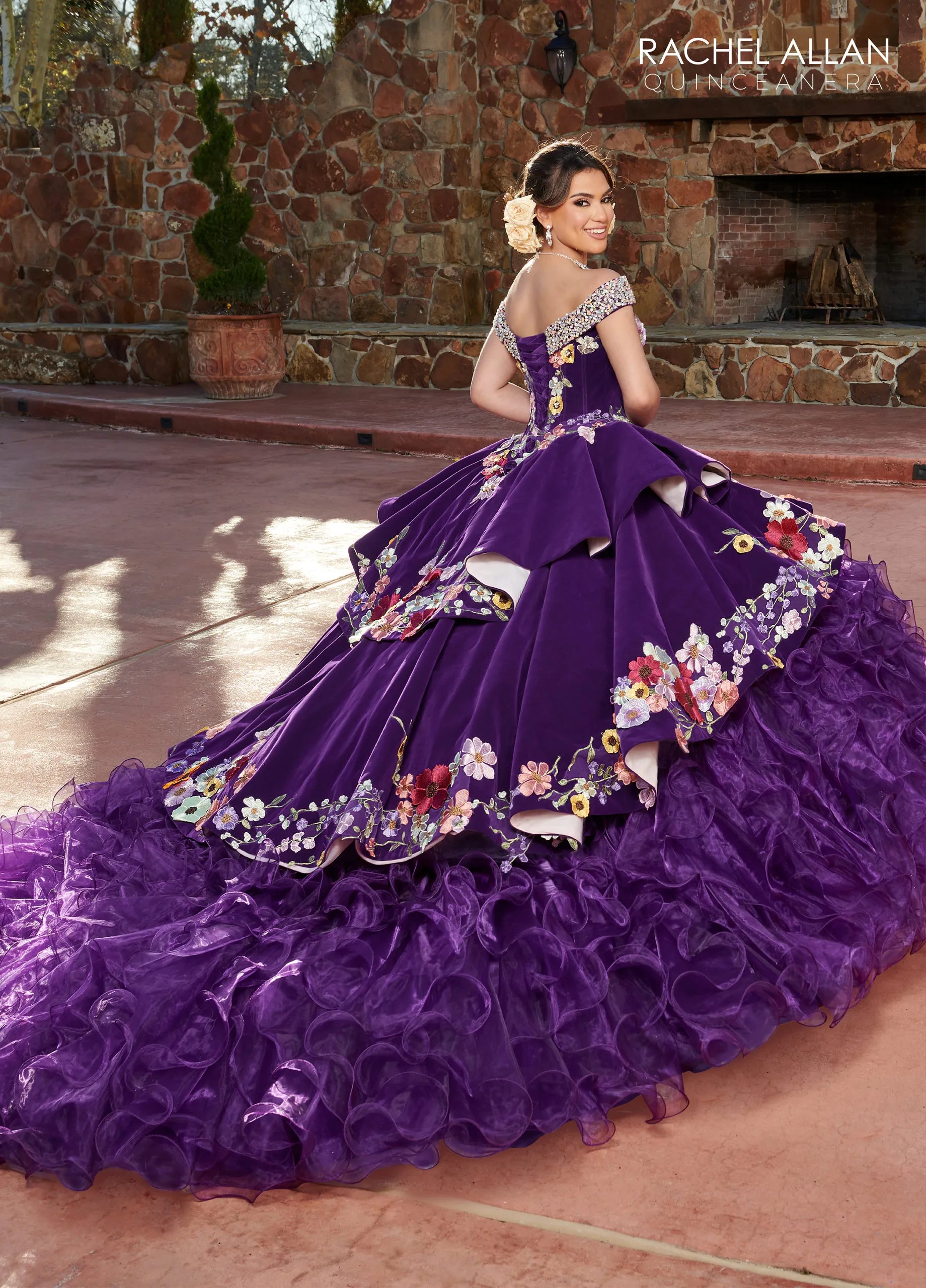 Purple Multi Off-the-Shoulder Floor-Length Velvet Organza Quinceanera Ball Gown with Floral Applique Rachel Allan RQ3111