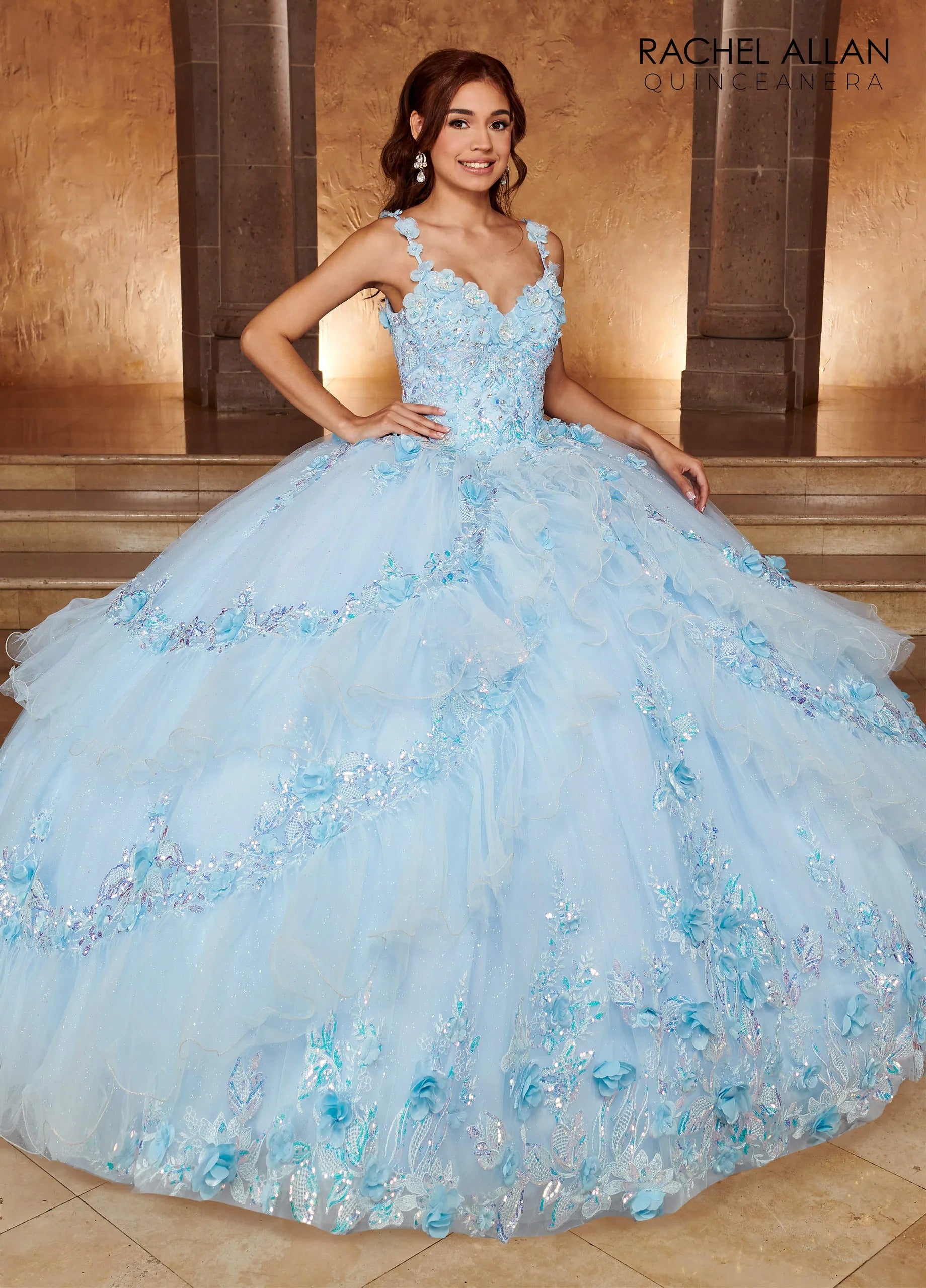 Light Blue Sweetheart Floor Length Glitter Tulle Quinceanera Ball Gown with Tiered Ruffle Skirt Rachel Allan RQ3103