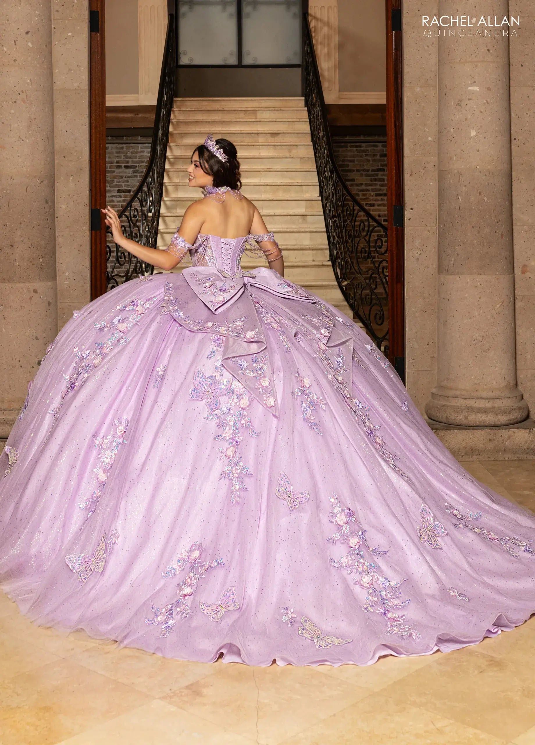 Quinceniera Dresses Off-the-Shoulder Floor-Length Tulle Gown with Corset Bodice Quinceañera Gown Rachel Allan RQ3176 Lilac