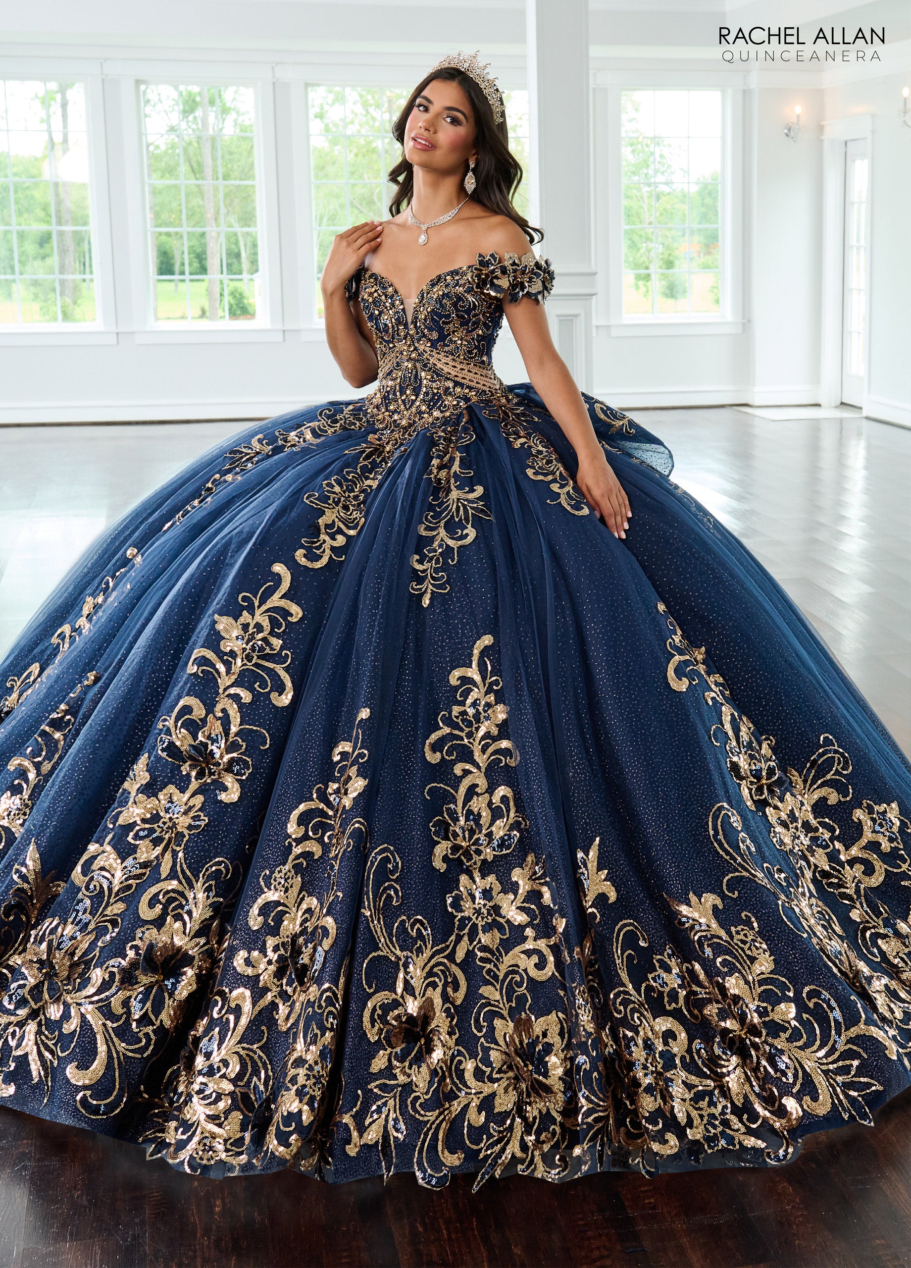 Quinceniera Dresses Long Ball Gown Beaded Quinceanera Dress Navy Gold