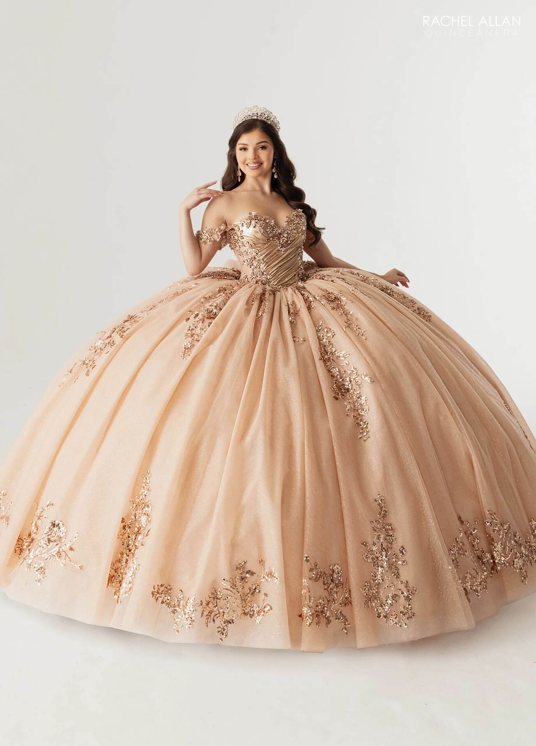 Rose Gold Off the Shoulder Floor Length Glitter Tulle Quinceanera Ball Gown Rachel Allan RQ3178