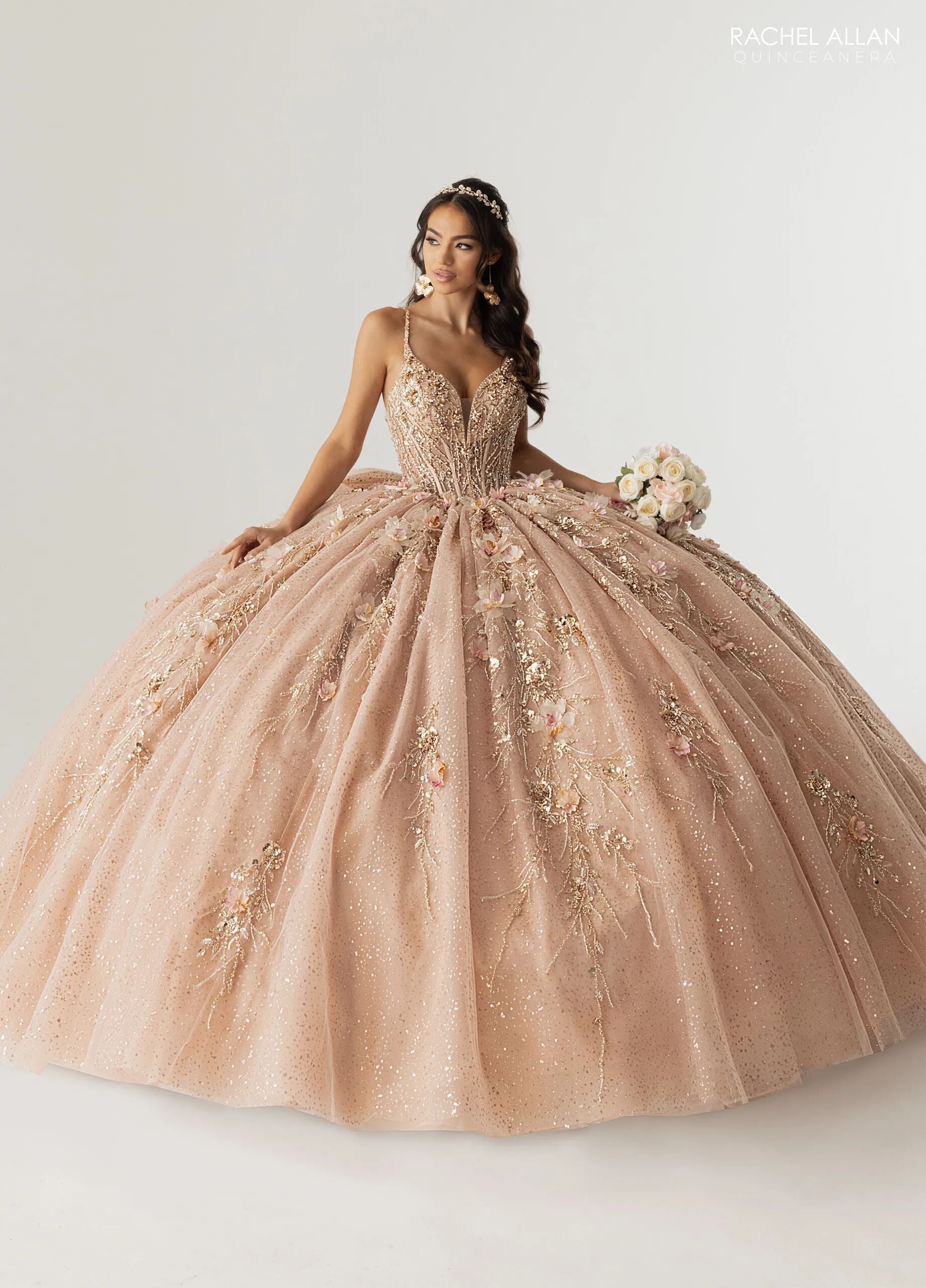 Nude Rose Gold Sweetheart Glitter Tulle Quinceañera Train Rachel Allan RQ3170
