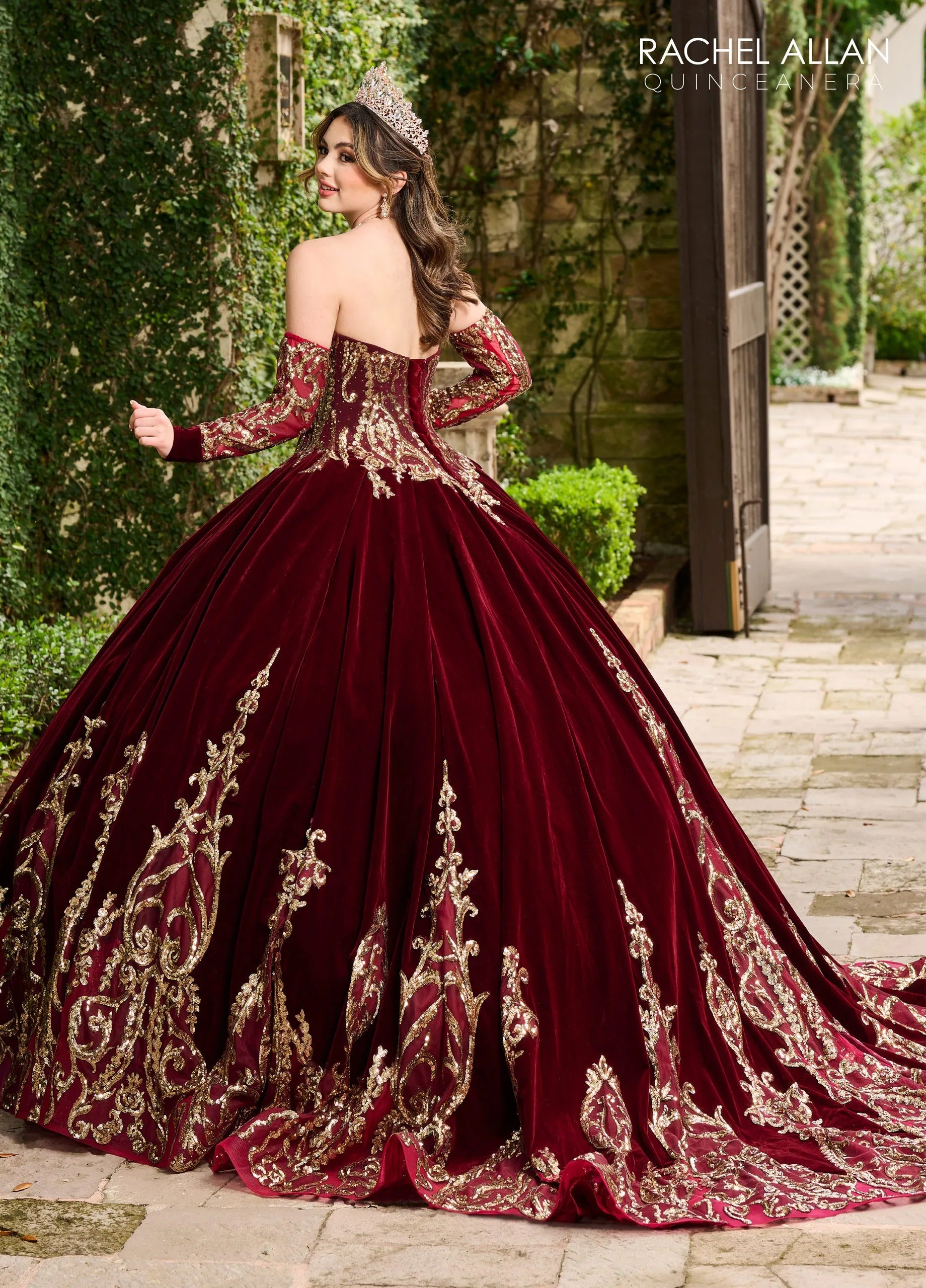 Burgundy Gold Strapless Floor-Length Luxe Velvet Quinceanera Ball Gown with Metallic Applique Rachel Allan MQ3051 Rachel Allan MQ3051