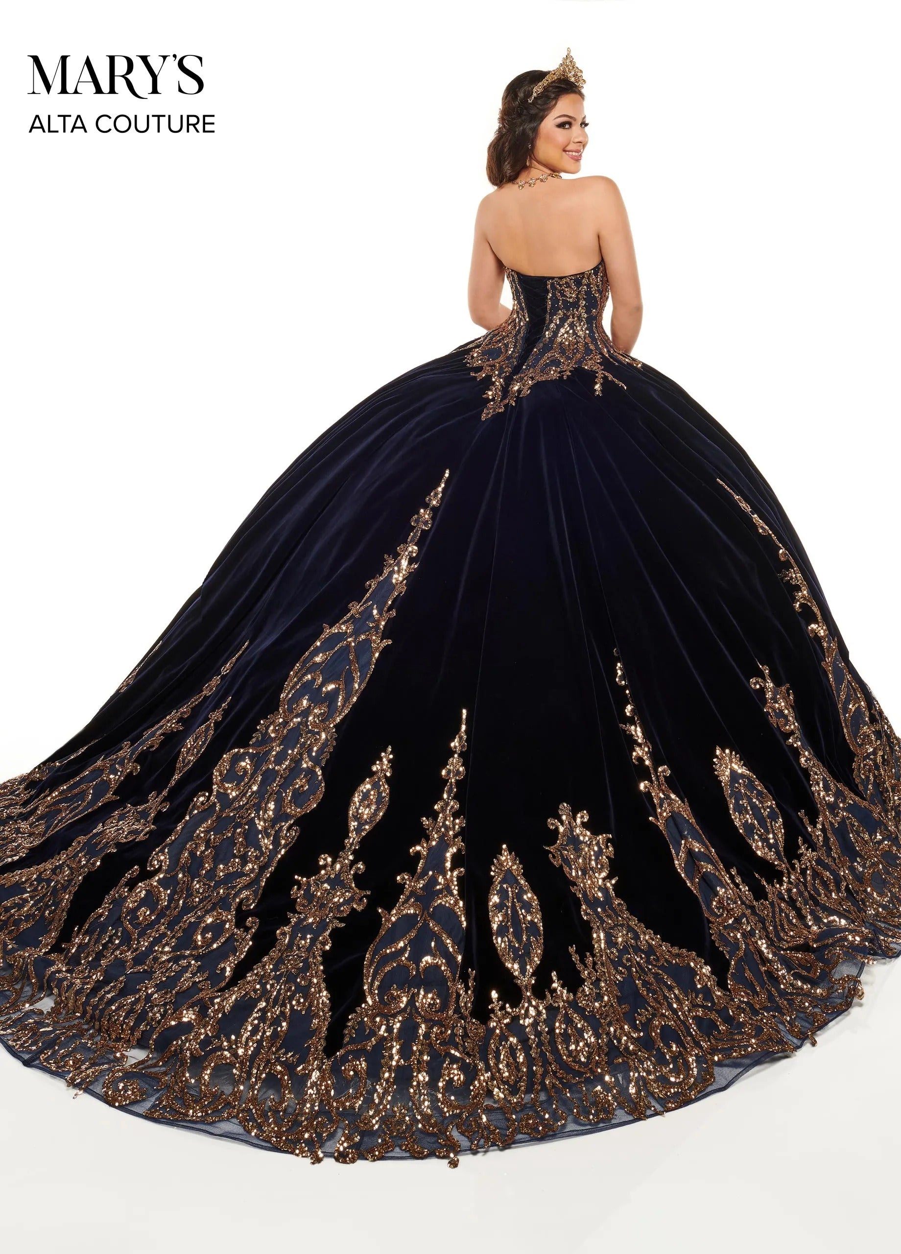 Navy Gold Strapless Floor-Length Luxe Velvet Quinceanera Ball Gown with Metallic Applique Rachel Allan MQ3051 Rachel Allan MQ3051