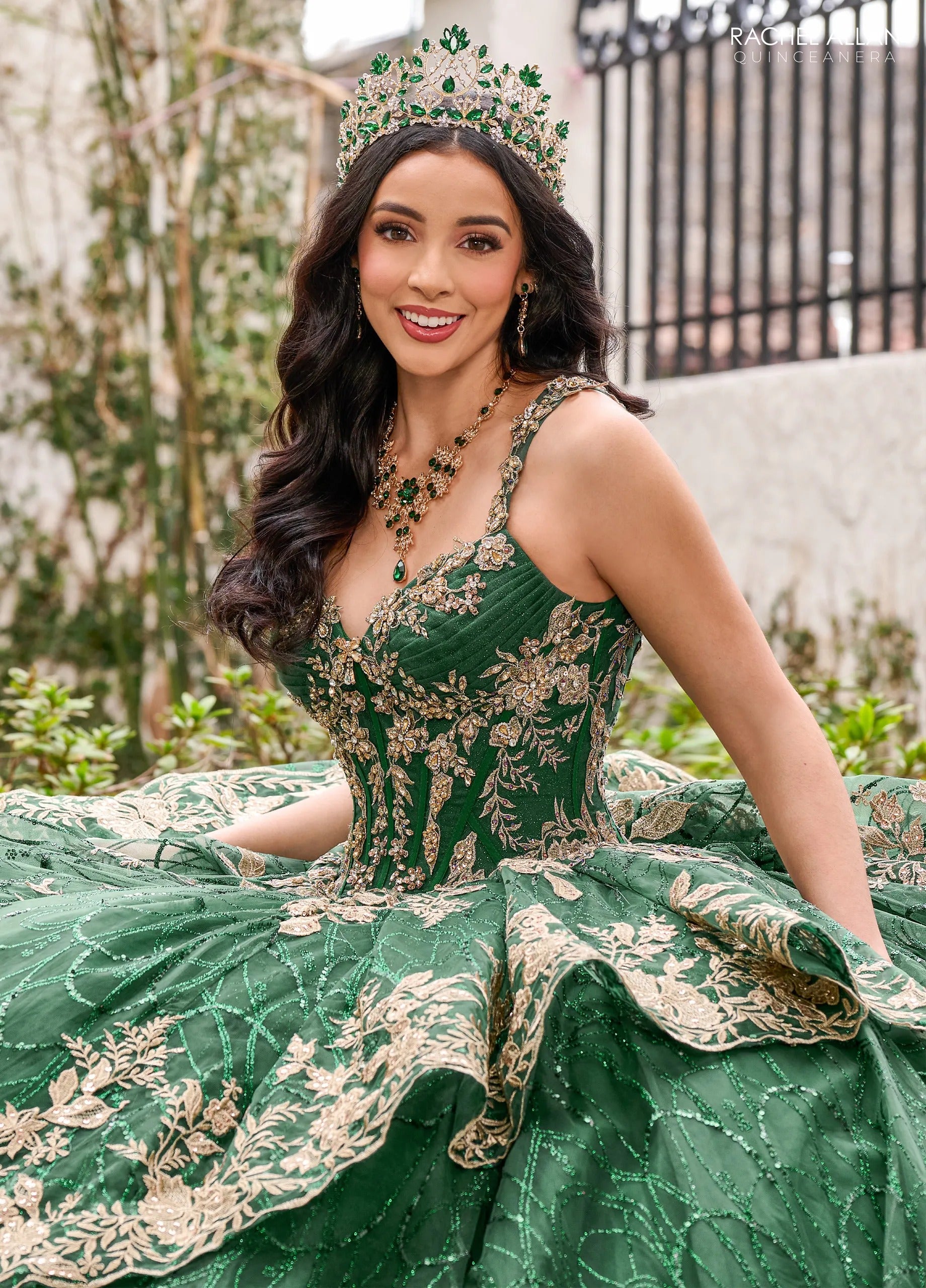 Emerald Gold V Neck Floor Length Glitter Tulle Quinceanera Ball Gown with 3D Floral Applique Rachel Allan RQ3140